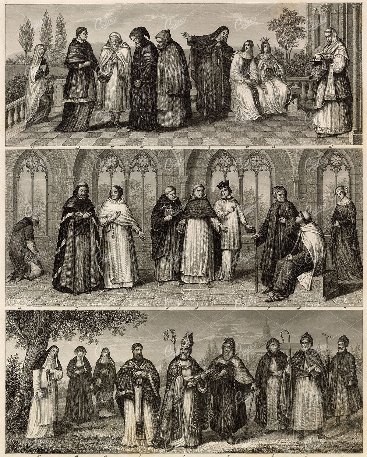 COSTUME of Central Europe - Antique Heck's Iconography Engraving 1851