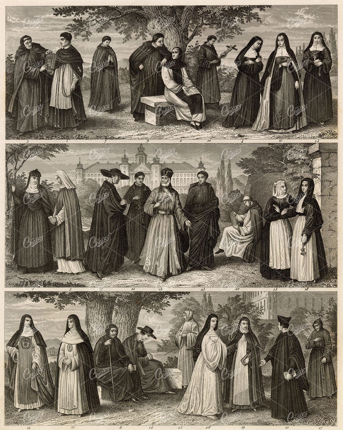 HISTORY and Ethnology - Costume of Monks and Nuns - 1851 Antique Print