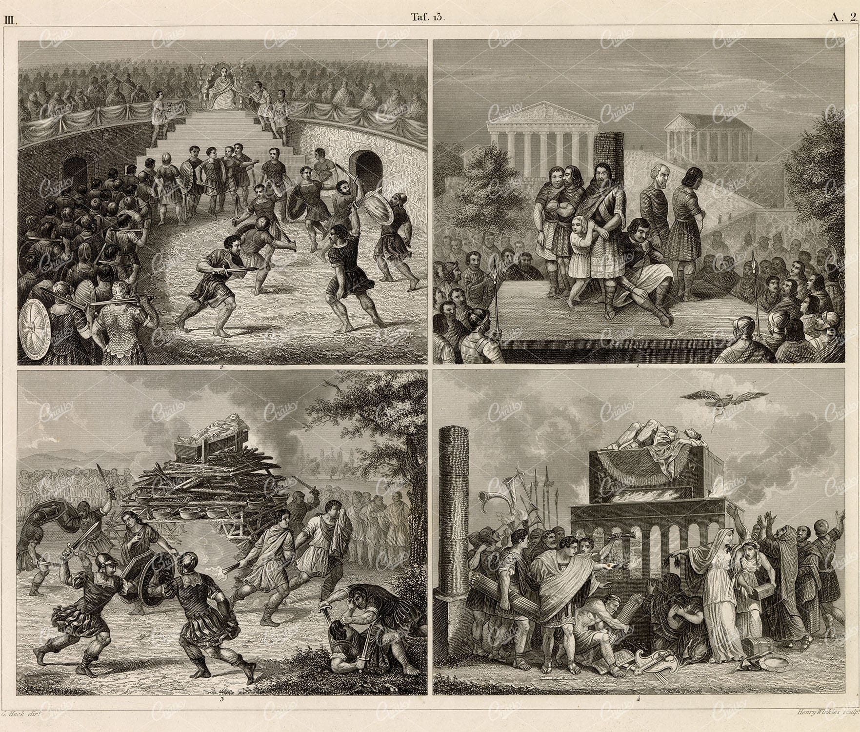 HISTORY and Ethnology - Gladiators and Emperor Funeral - 1851 Print