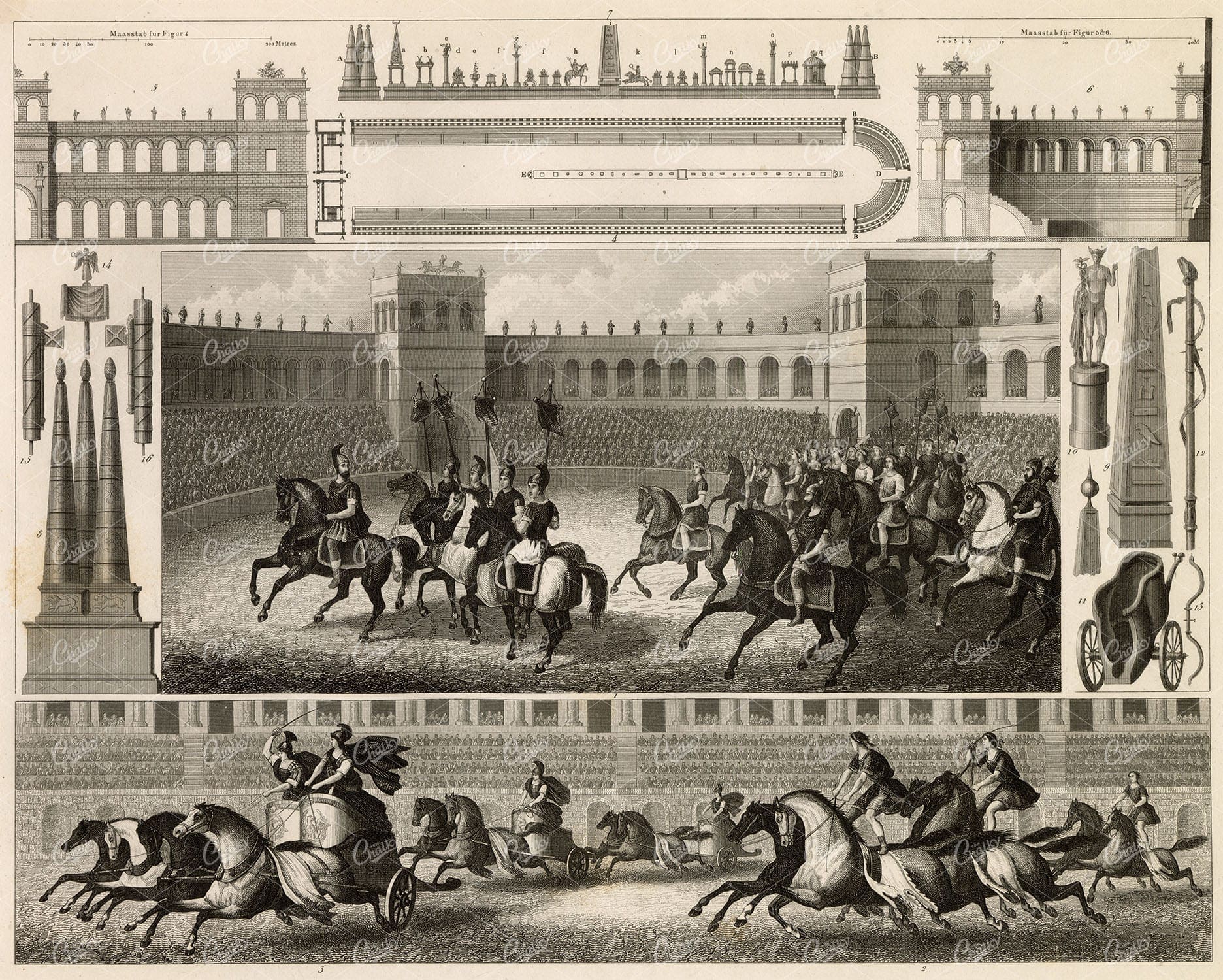 ROME - Details from the Circensian Games - Antique 1851 Heck Print