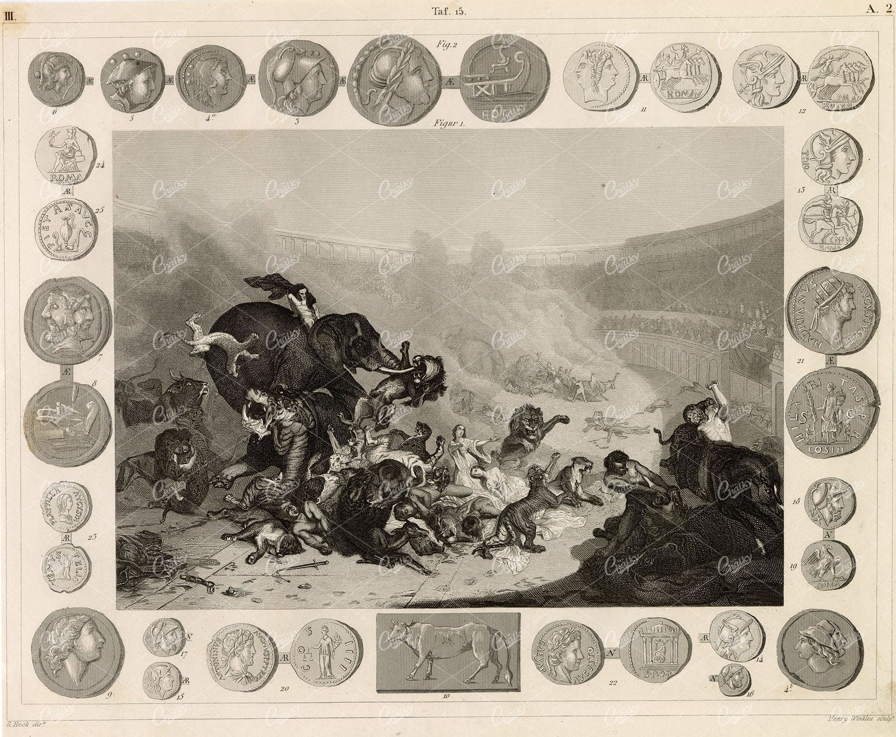 COMBAT with Wild Beasts in the Roman Coliseum - Antique 1851 Print