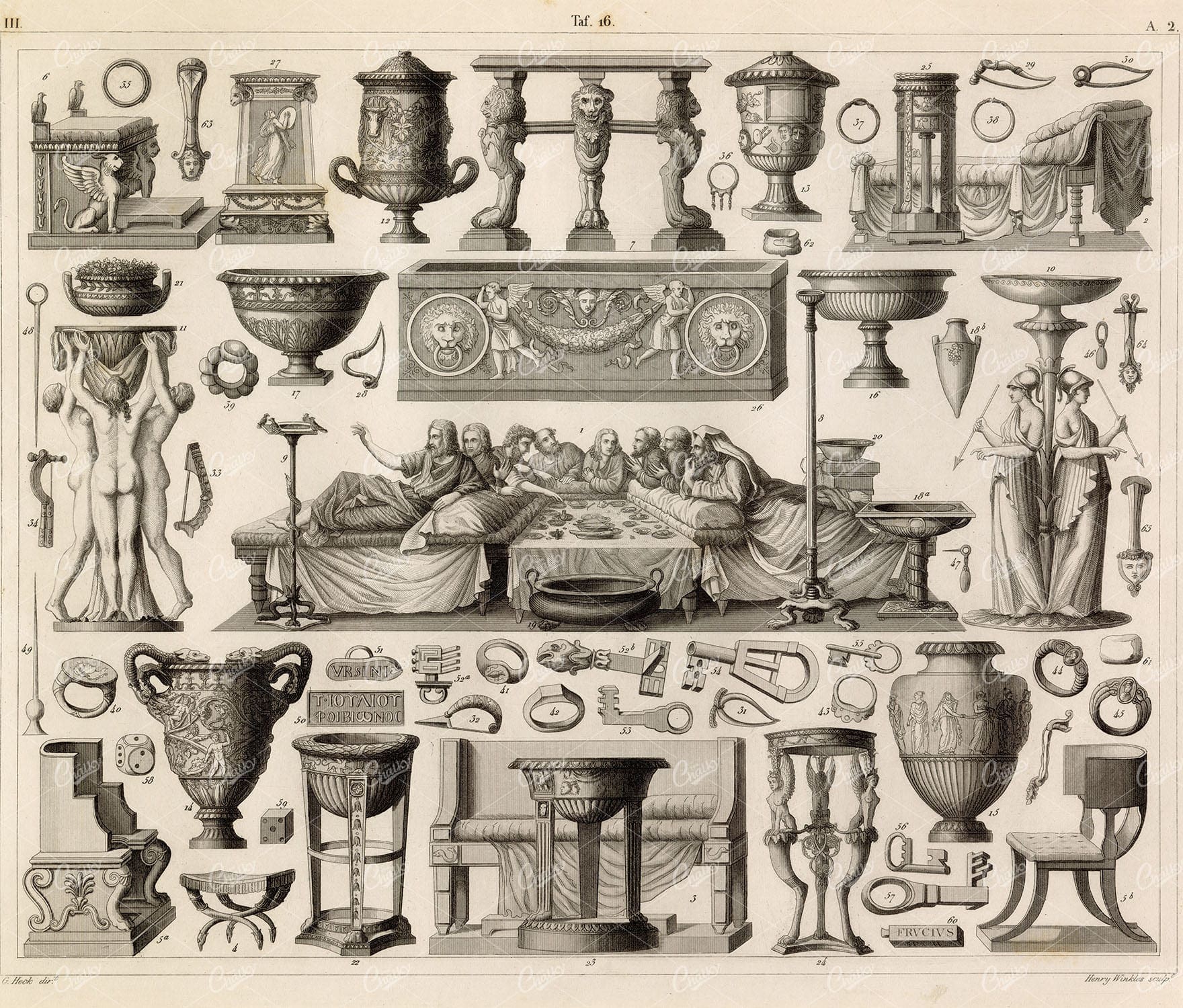 ROMAN Decorative Furniture and Tools - Henry Winkles Sculp. 1851 Print
