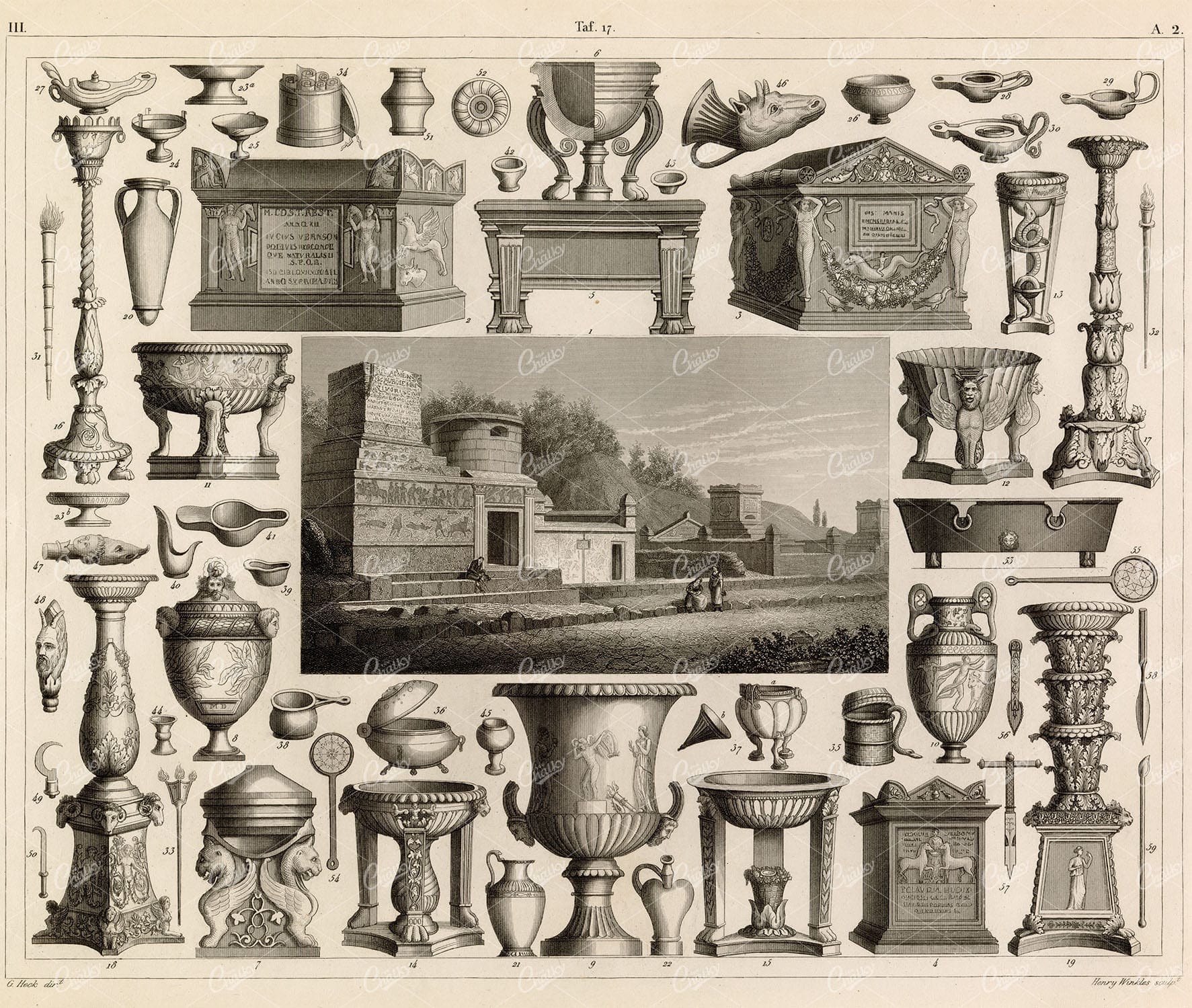 DECORATIVE Roman Furniture, Tools, and Tombs in Pompeii - 1851 Print