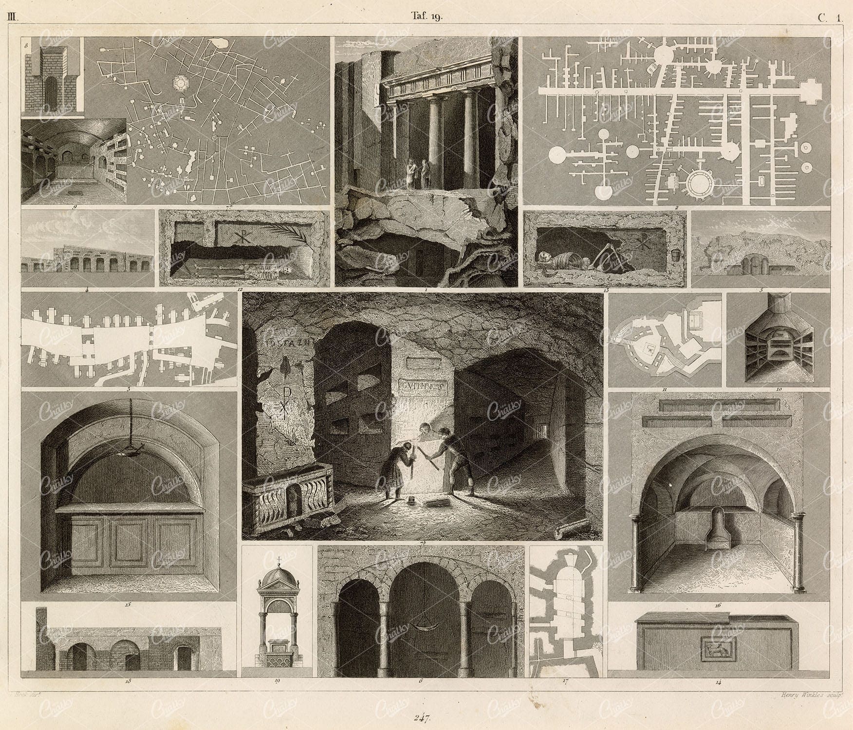 CATACOMBS, Chapels and Churches - J. Heck Iconography 1851 Print