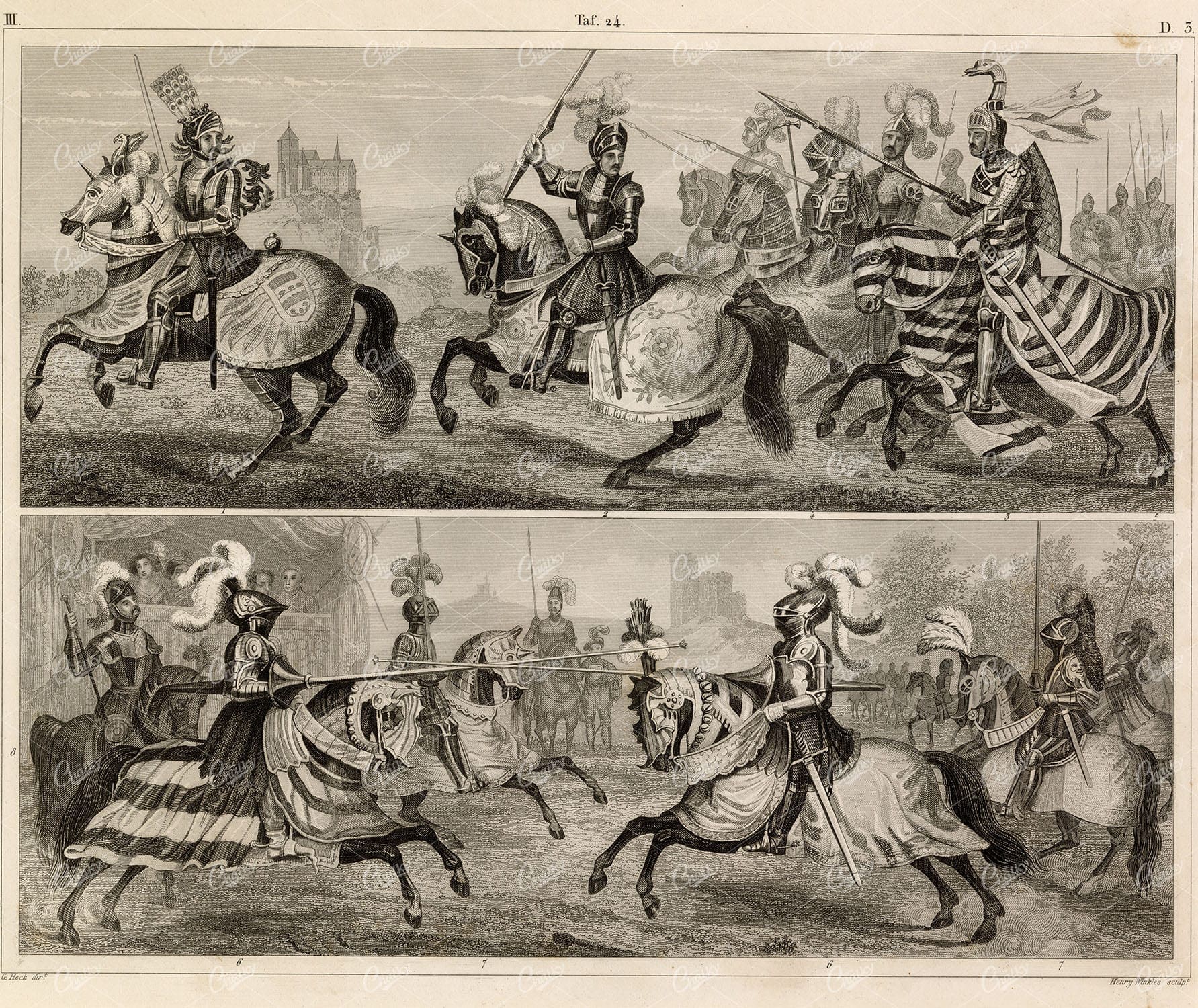 ARMORED Knights Jousting, King and Squires - Johann Heck 1851 Antique Art
