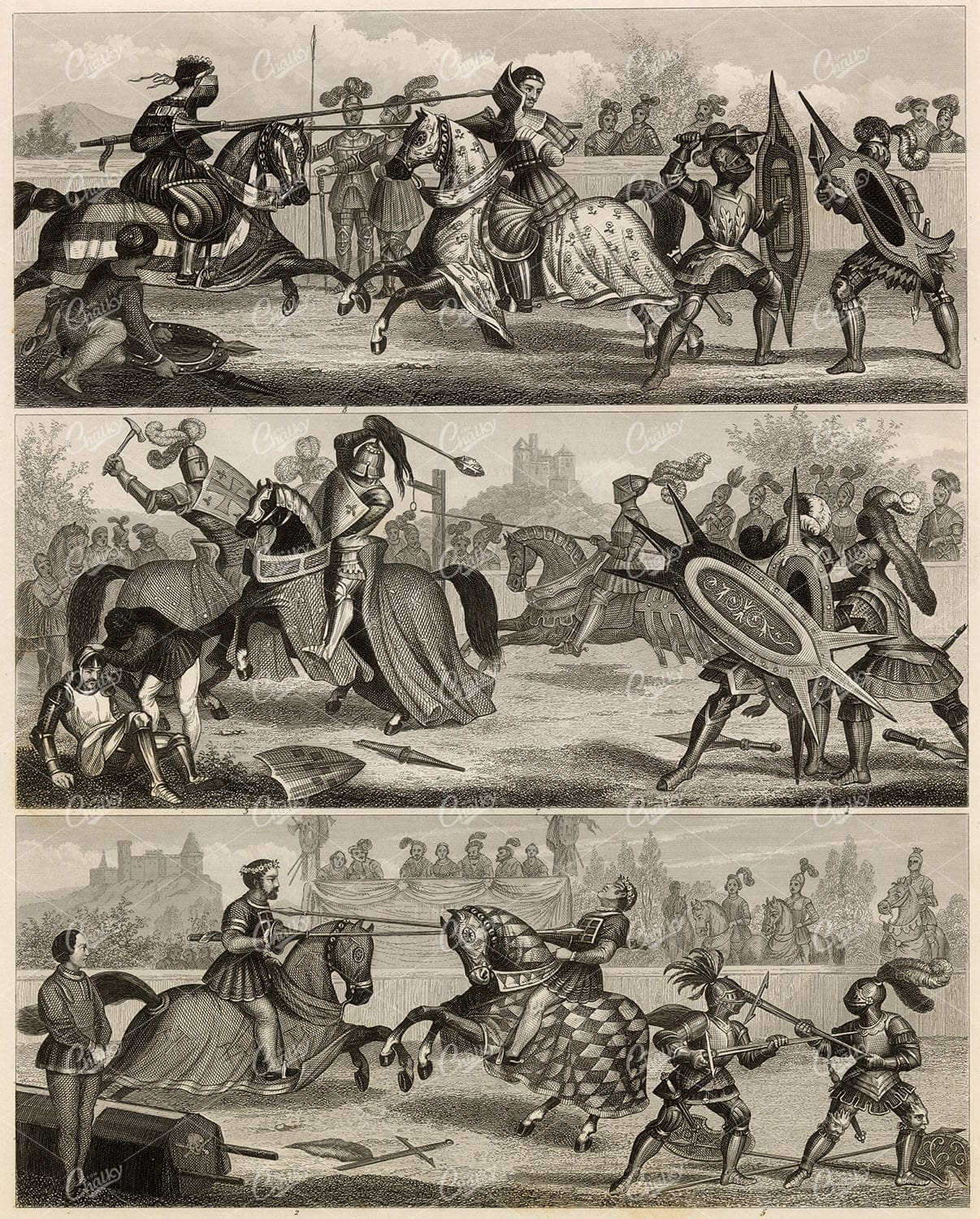 ANCIENT Jousting and Combat - Knights and Soldiers - 1851 Antique Print