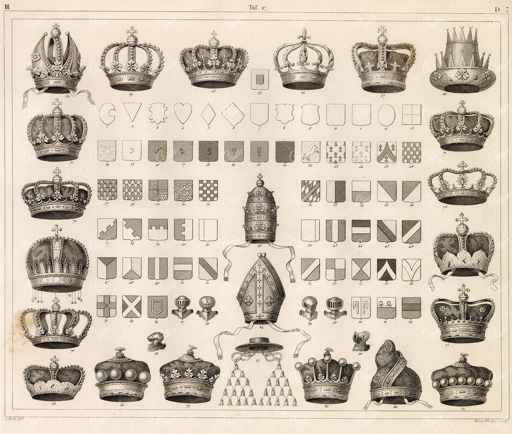 HISTORY and Ethnology - Shields and Crowns - Heraldry 1851 Antique Print
