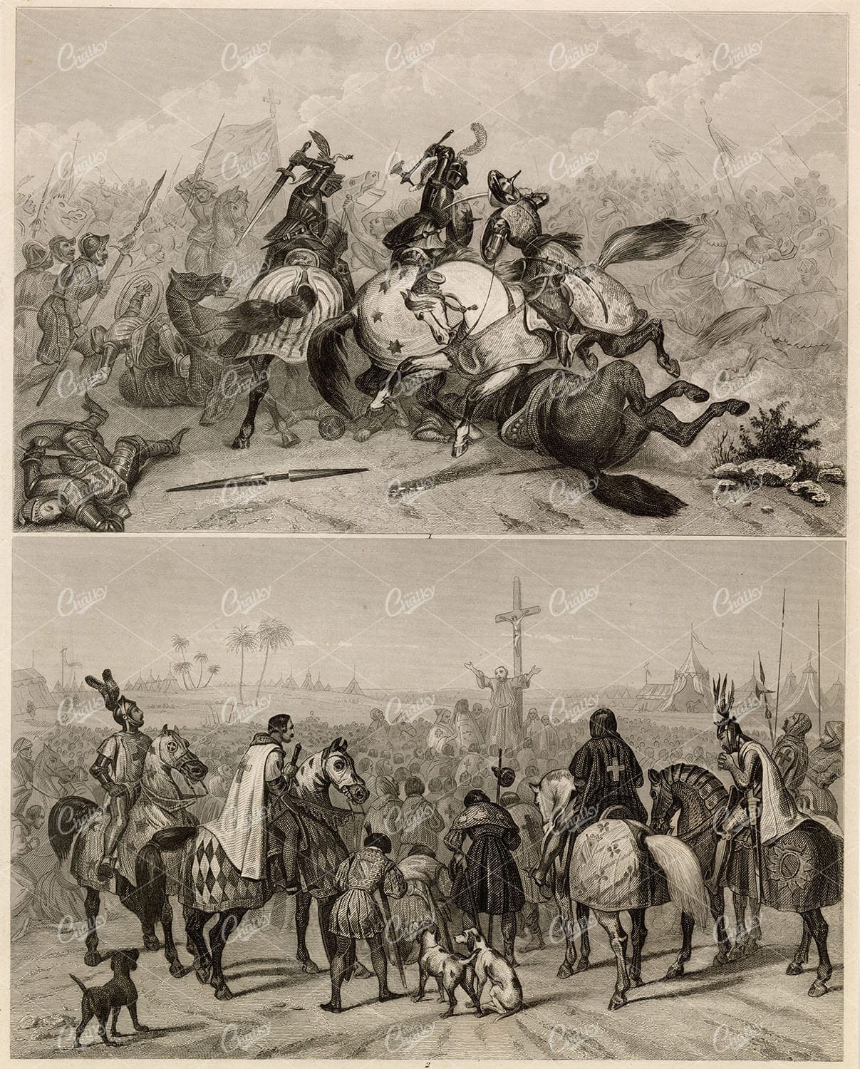 HISTORY - Combat between Crusaders and Saracens - 1851 Antique Print