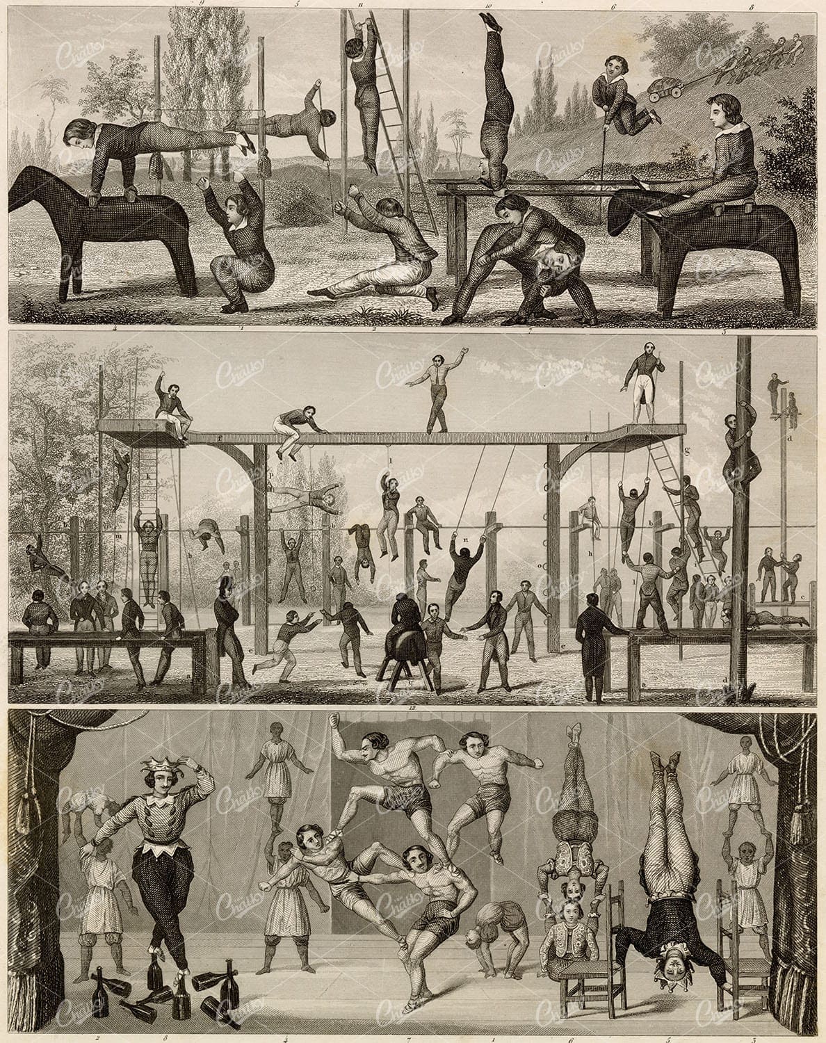 GERMAN Gymnasium and Acrobatic Feats - Antique 1851 Engraving Art