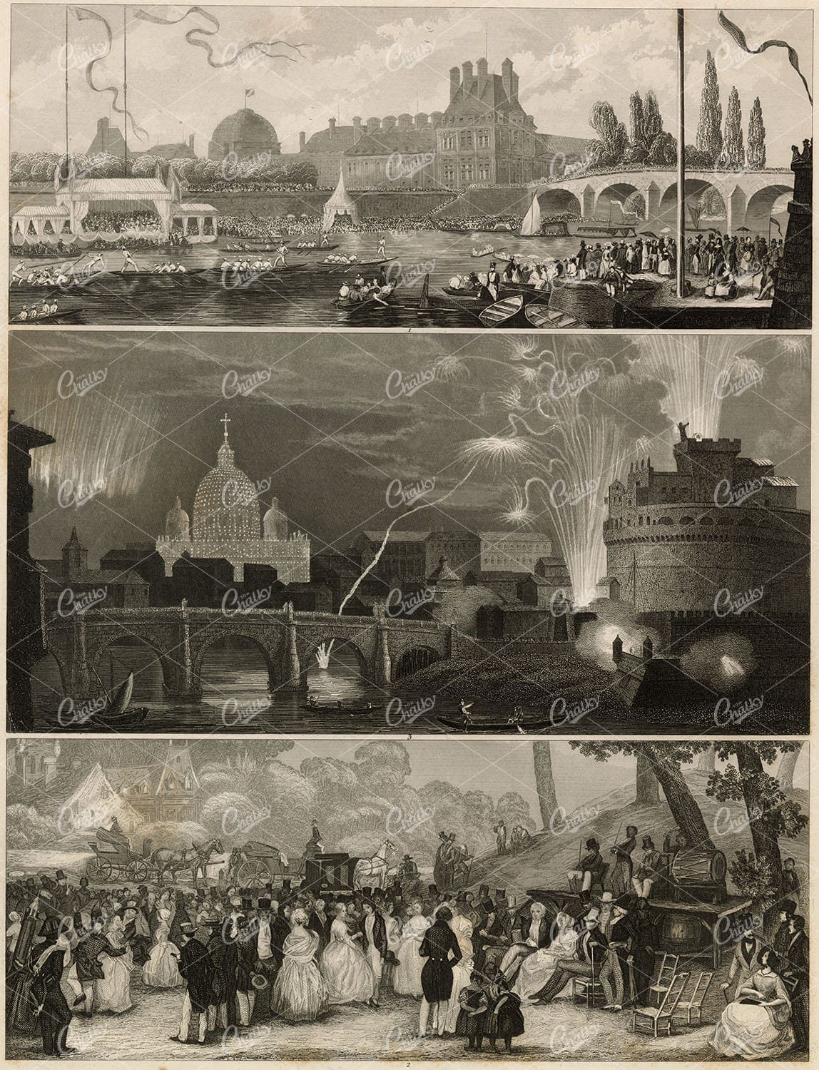 FIREWORKS in Rome, The Seine in Paris, Rural Ball - 1851 Antique Print