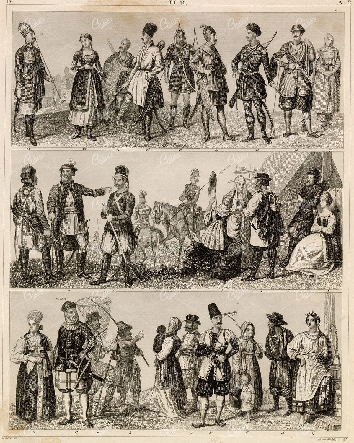 HISTORY and Ethnology - Russian Tribes - Antique 1851 Iconography Print
