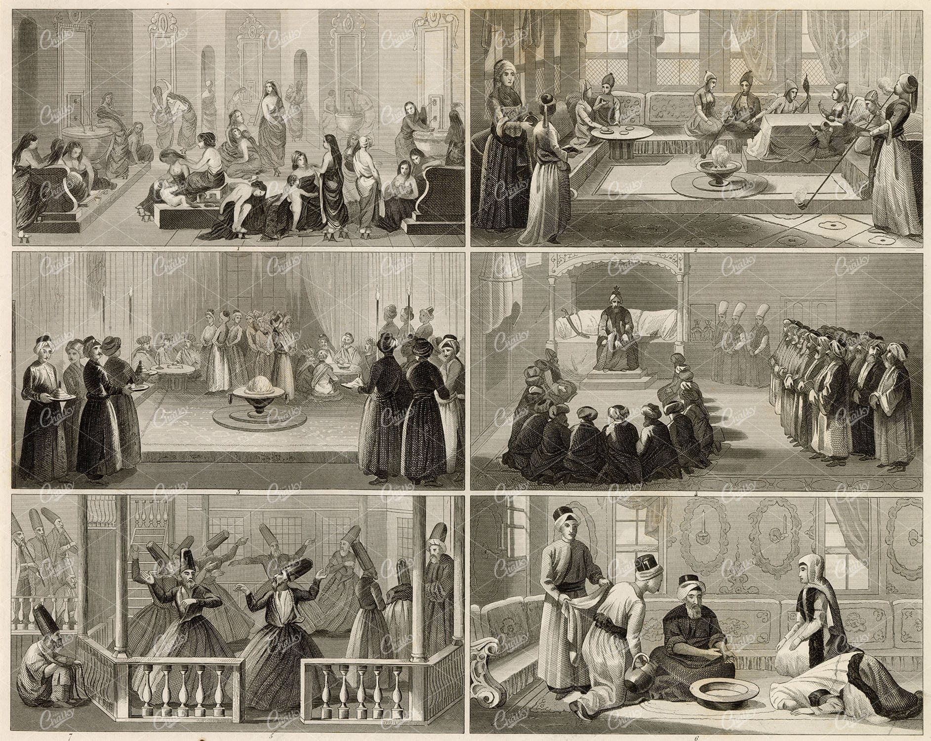 HAREM Interior, Public Bath, Sultan's Presence Chamber - 1851 Print
