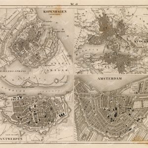 ANTIQUE Map of Copenhagen, Stockholm, Antwerp, Amsterdam 1851