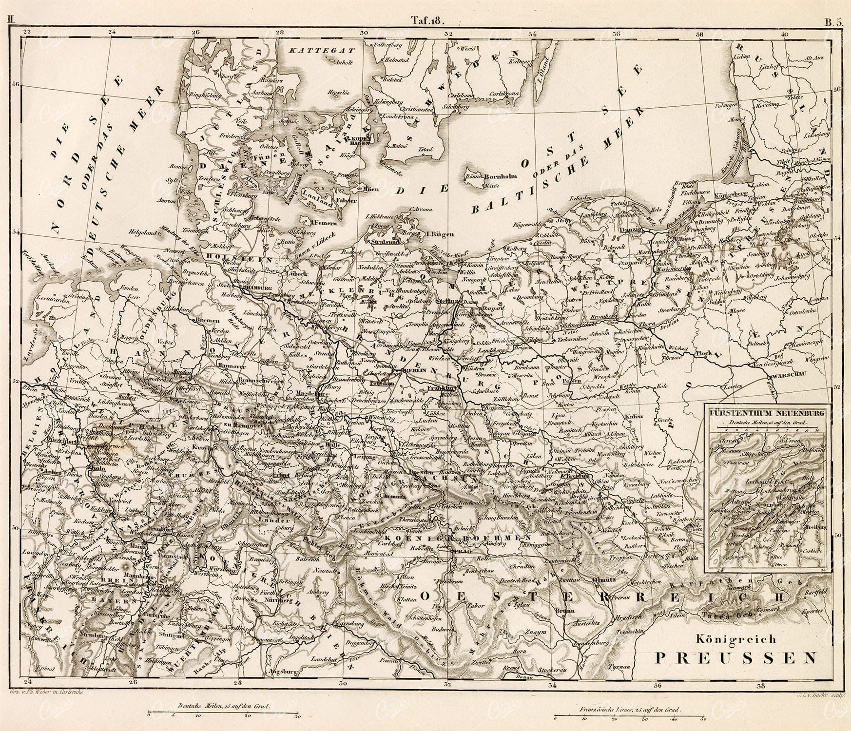 ANTIQUE Map of Prussia - Johann Heck 1851 Original Geography Print