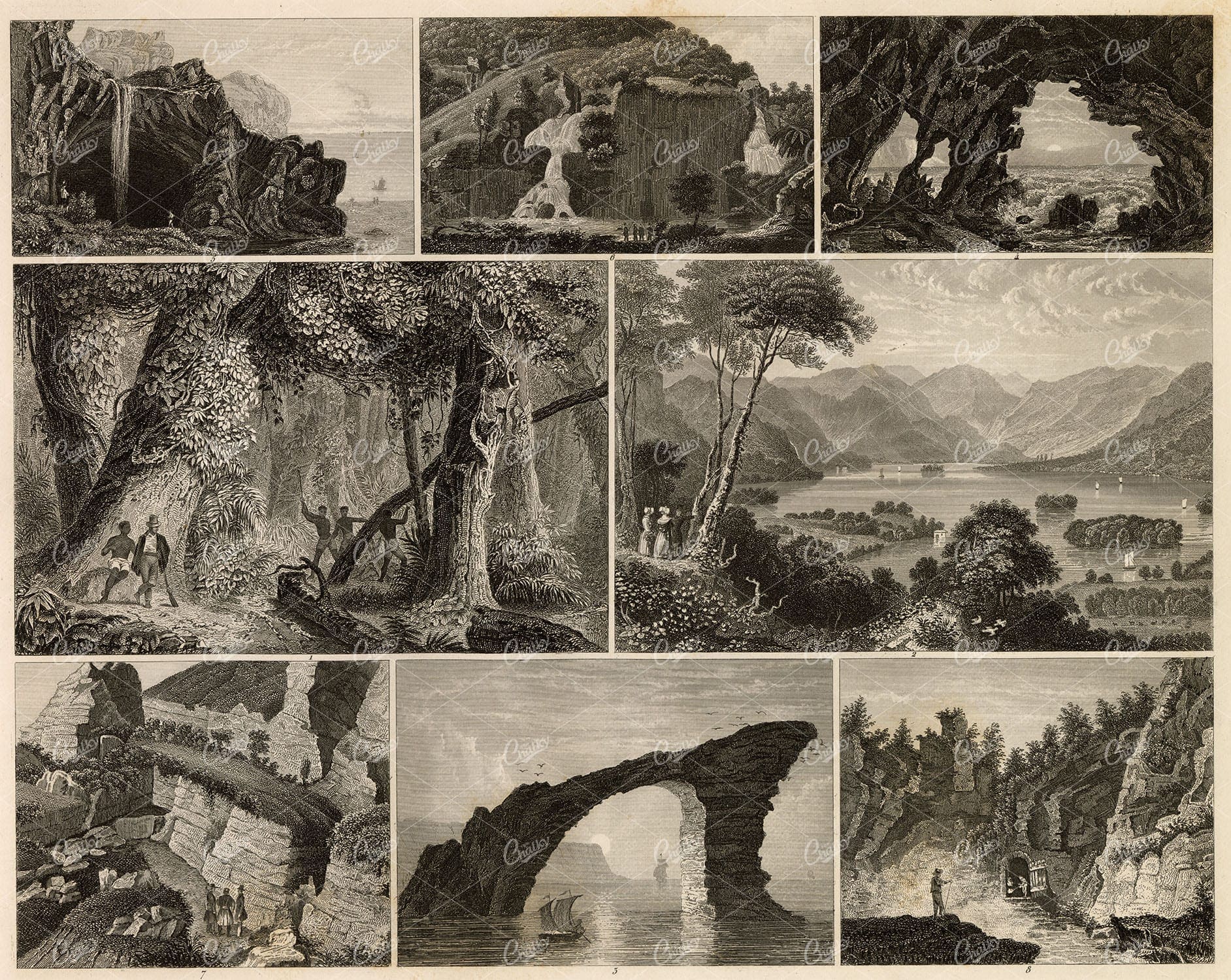 GEOLOGY - Various Caves and Rock Formations - Johann Heck 1851