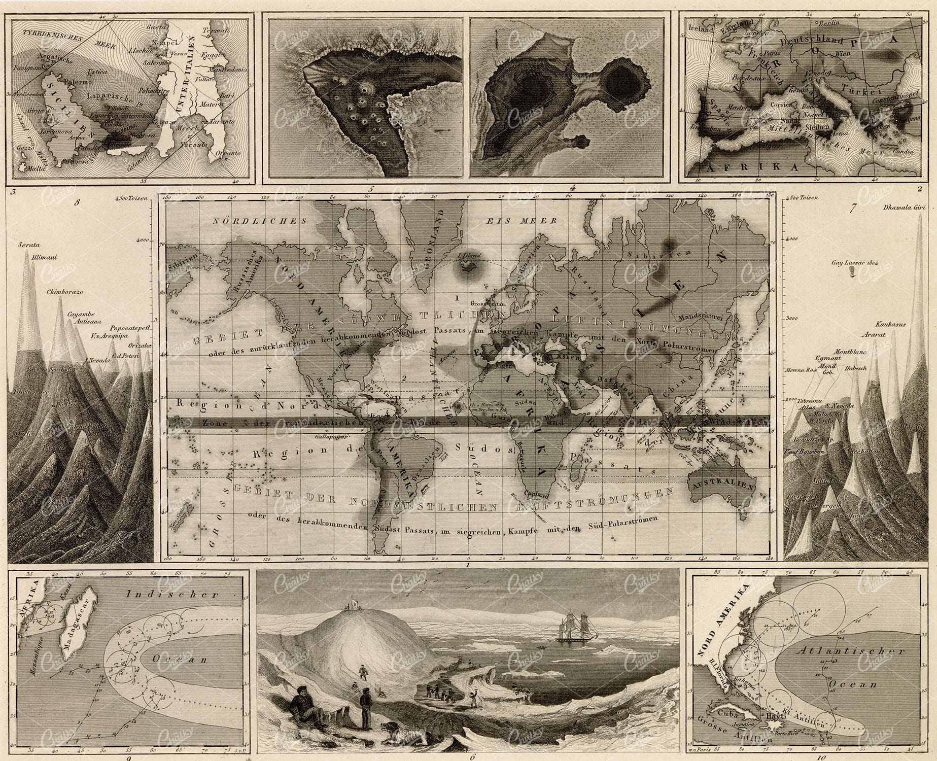 GEOLOGY - Various Mountains and Volcanos - Original 1851 Print
