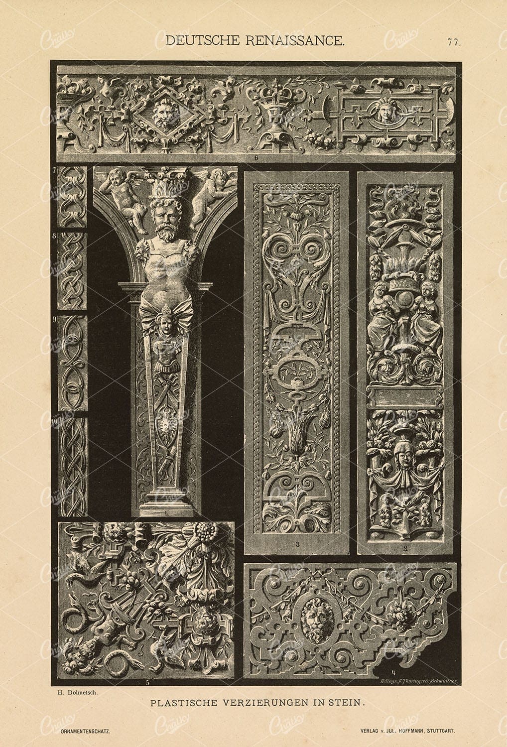 DUTCH Renaissance - Decorative Ornament Carvings in Stone - 1889 Print