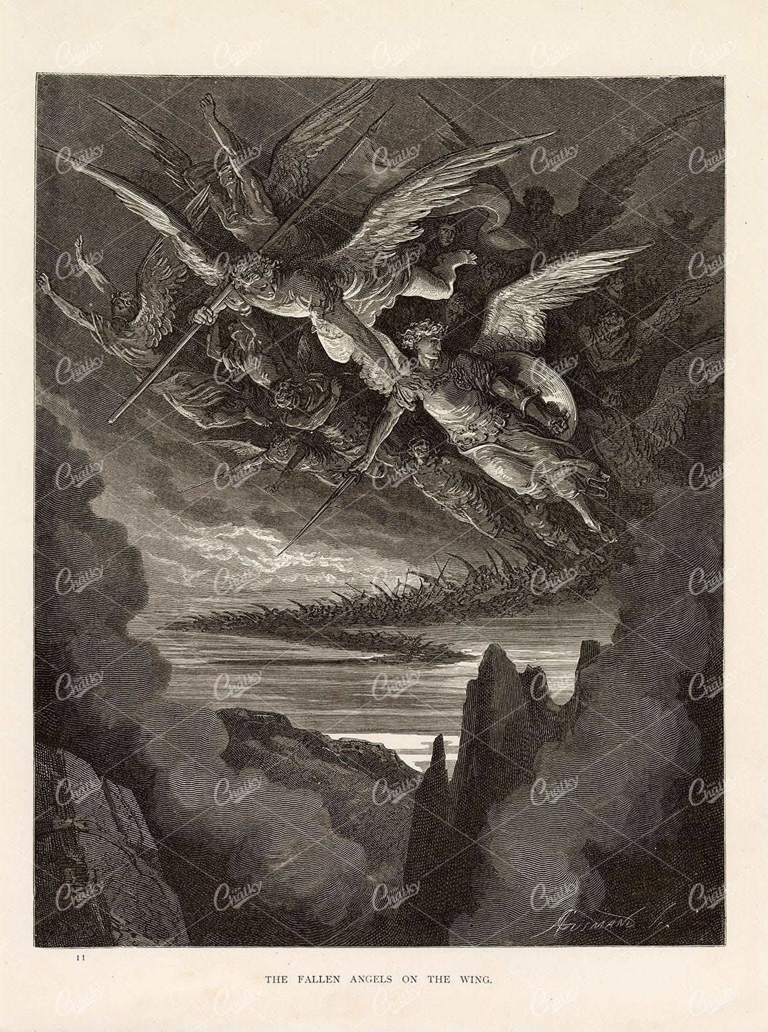 GUSTAVE DORE - The Fallen Angels on the Wing - Antique Artwork 1891