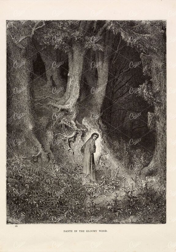 DANTE in the Gloomy Wood - Antique Biblical Print - Gustave Dore 1891