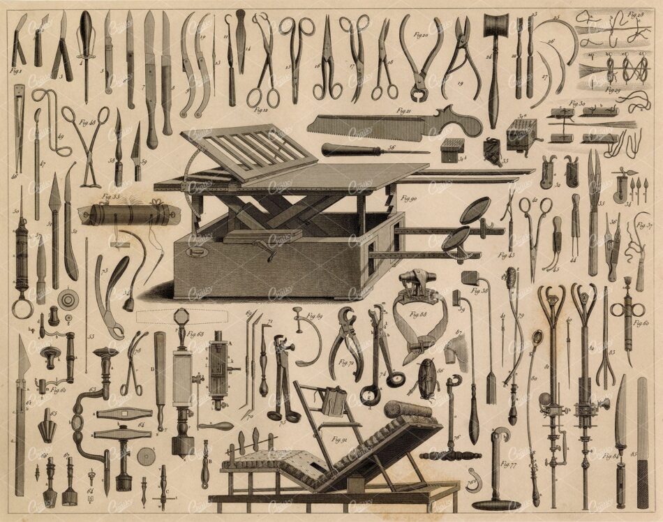SURGERY - Various Antique Surgical Instruments - Johann Heck 1851 Print