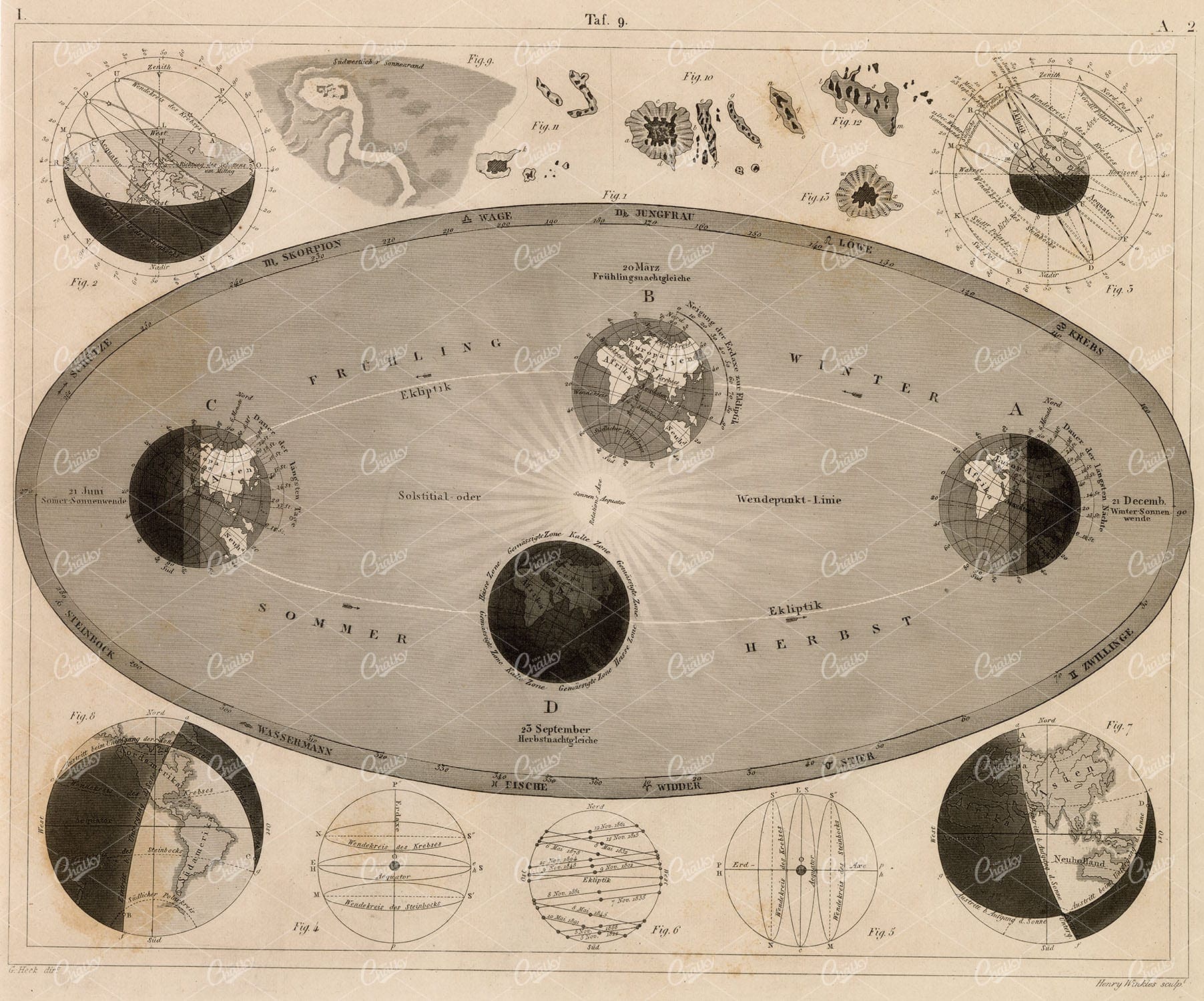 ASTRONOMY - The Cycle of Seasons Illustration - 1851 Antique J.Heck Print
