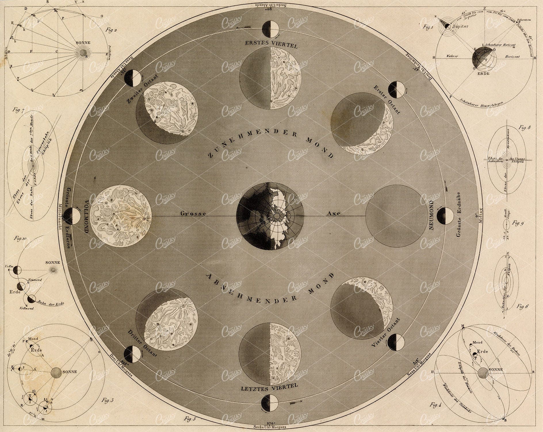 ASTRONOMY - Phases of the Moon - Antique 1851 Johann Heck Engraving
