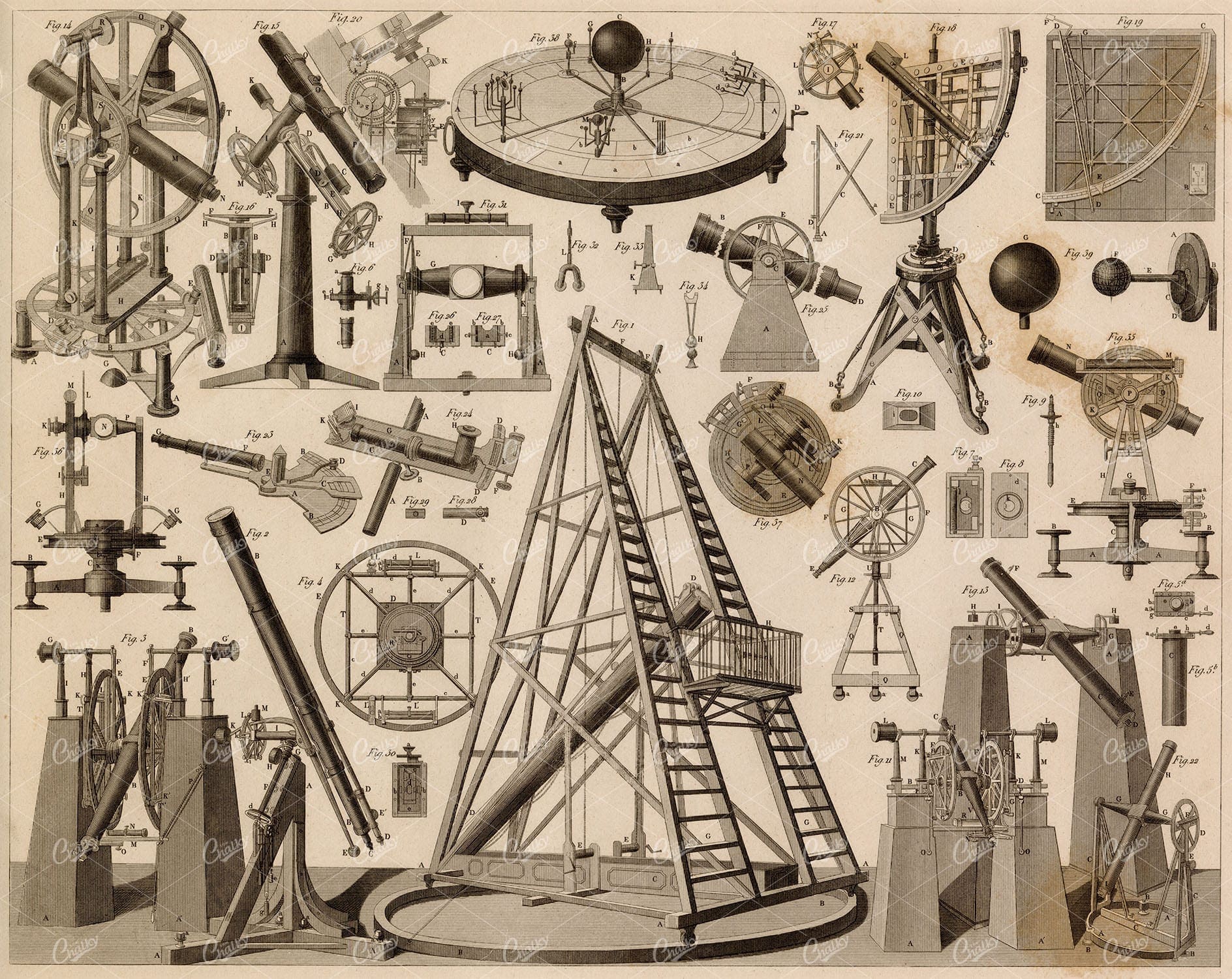 ASTRONOMY - Astronomical Instruments - Antique 1851 Engraving J. Heck