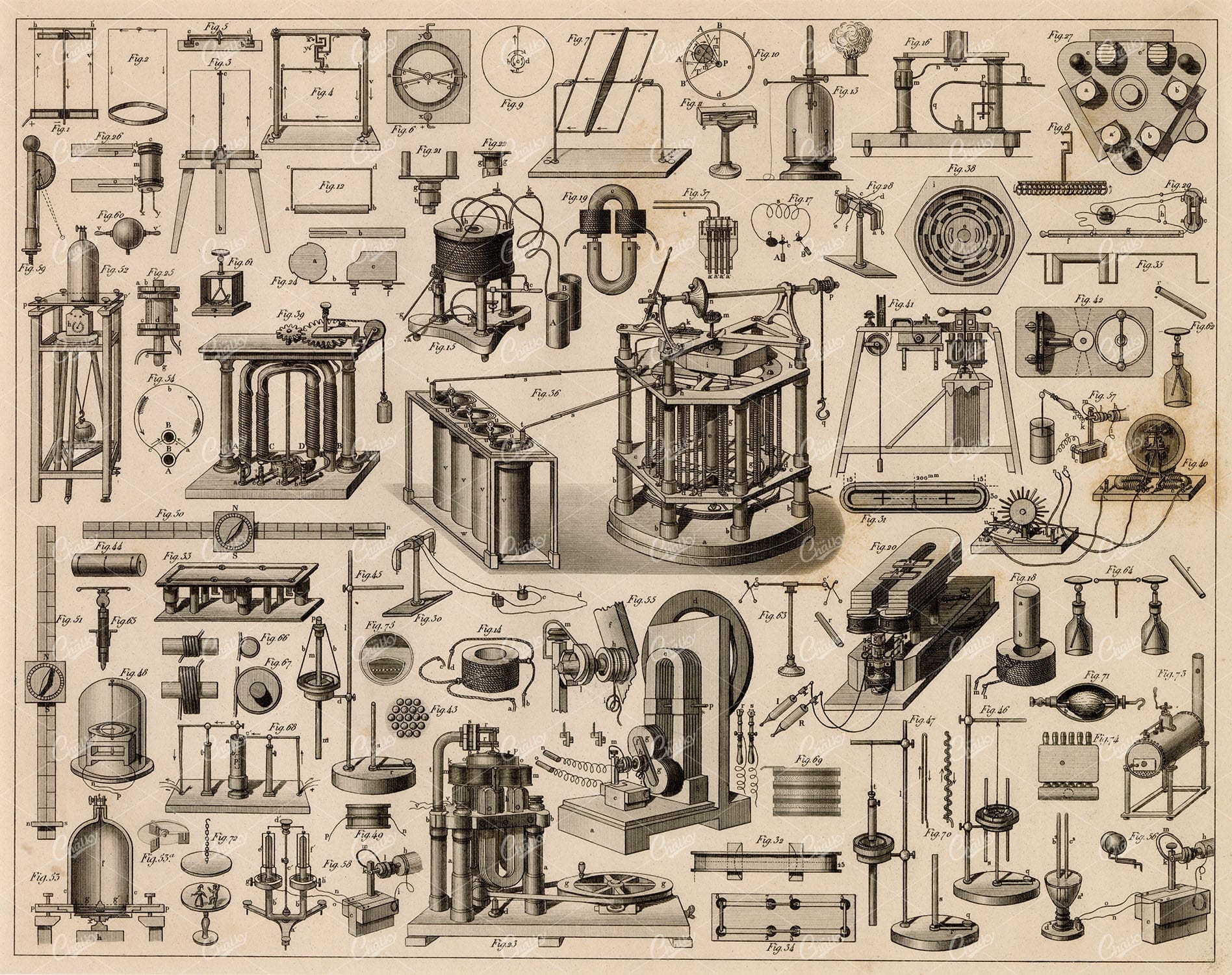 PHYSICS - Various Scientific Apparatus - Antique Johann Heck 1851 Print