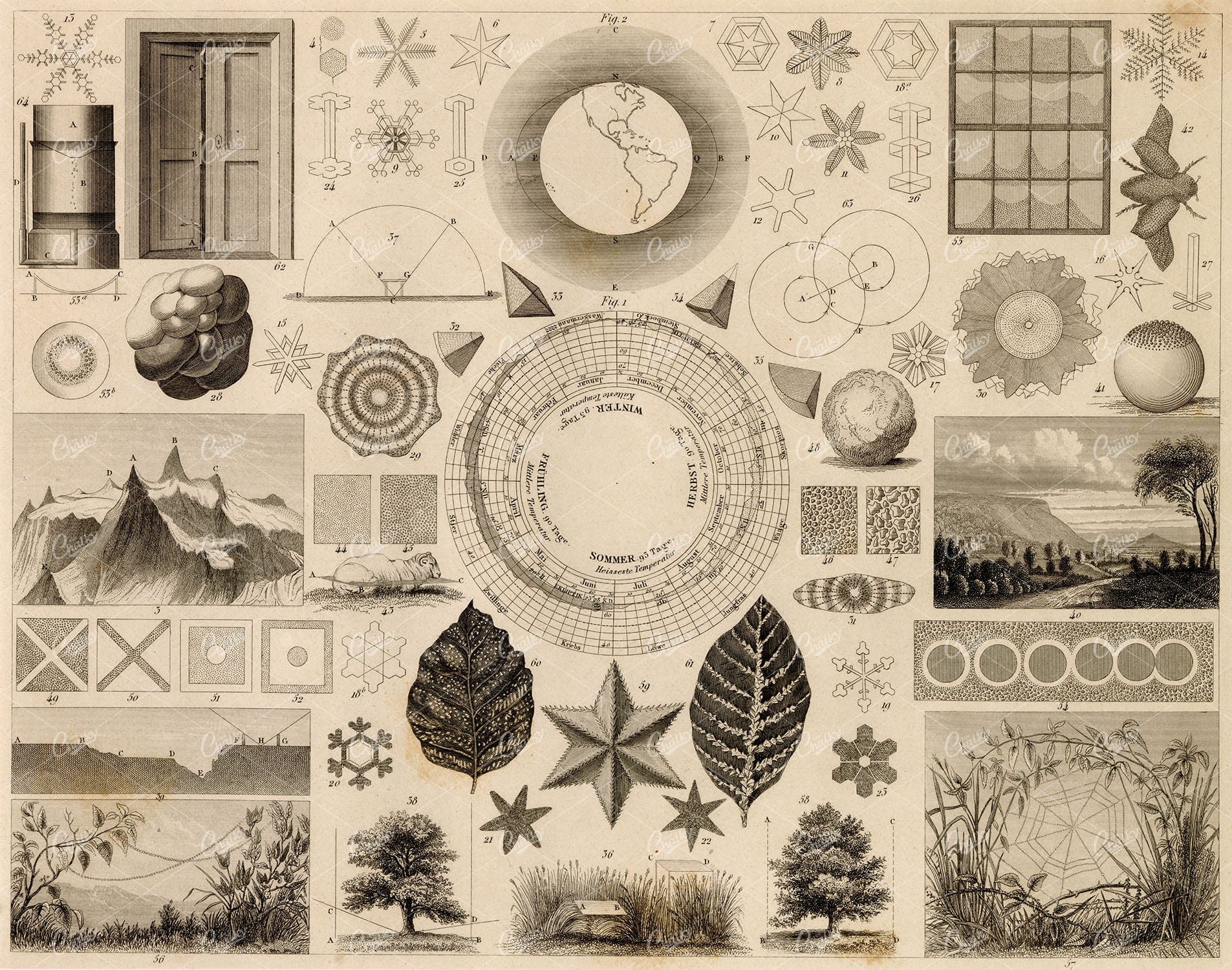 METEOROLOGY and Physics Antique Print - Johann Heck 1851