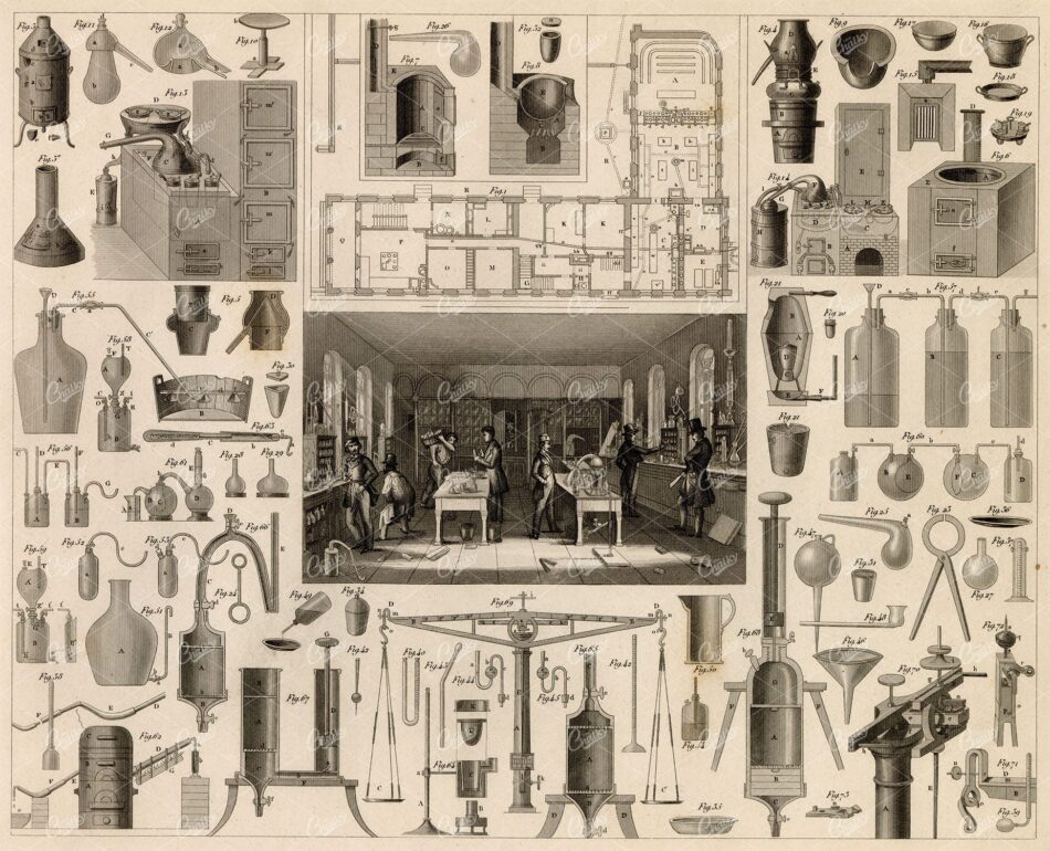 CHEMISTRY, Mineralogy, Geology - Chemistry Apparatus - Antique 1851 Print
