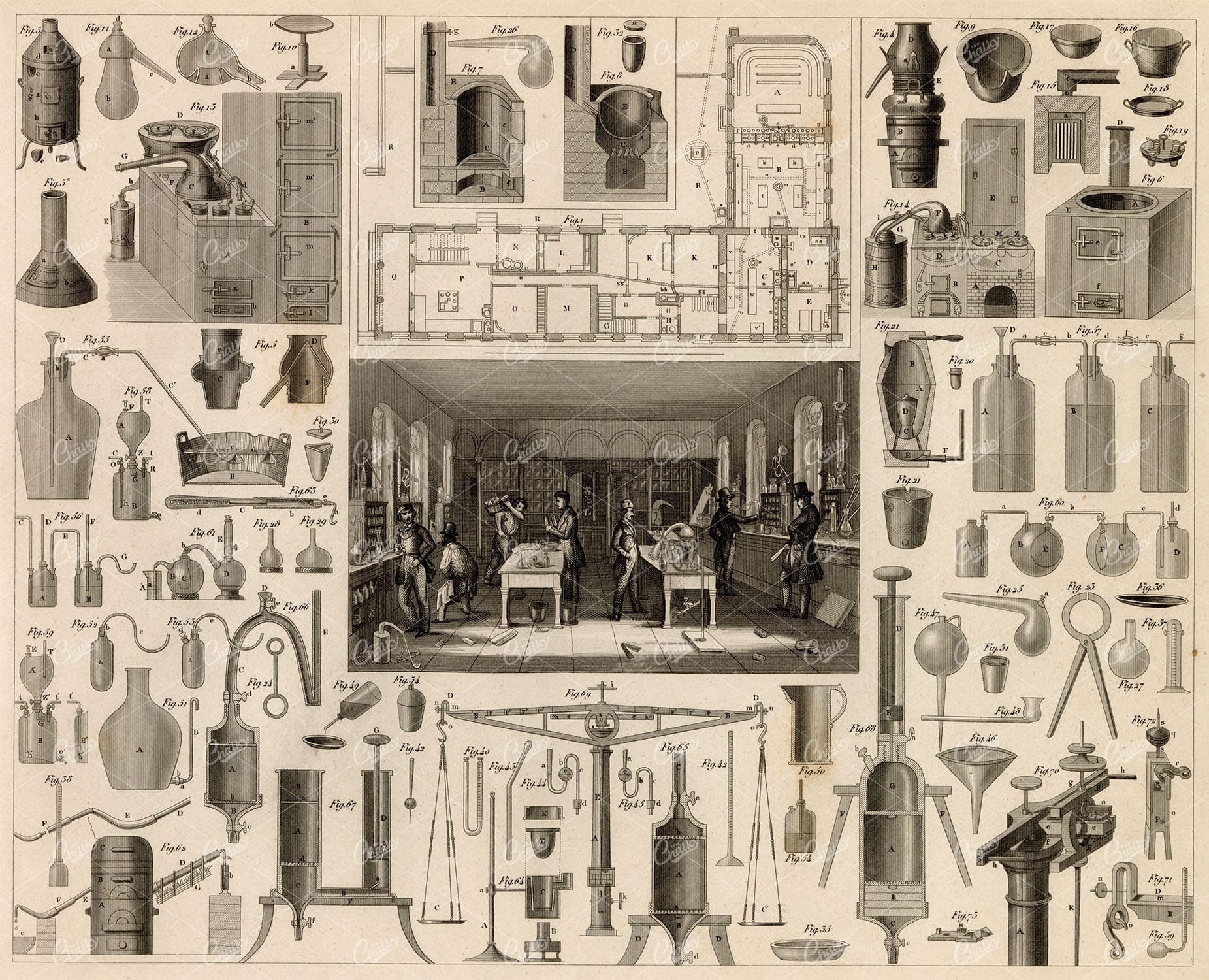 CHEMISTRY, Mineralogy, Geology - Chemistry Apparatus - Antique 1851 Print