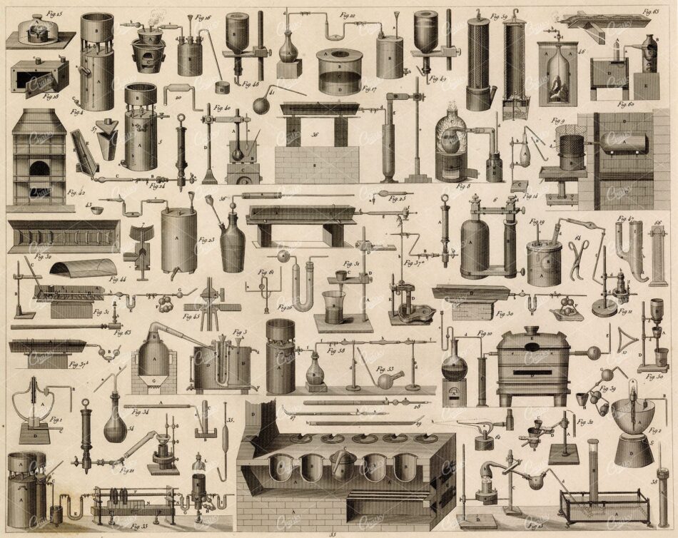 CHEMISTRY - Various Science Apparatus - Antique 1851 J. Heck Print