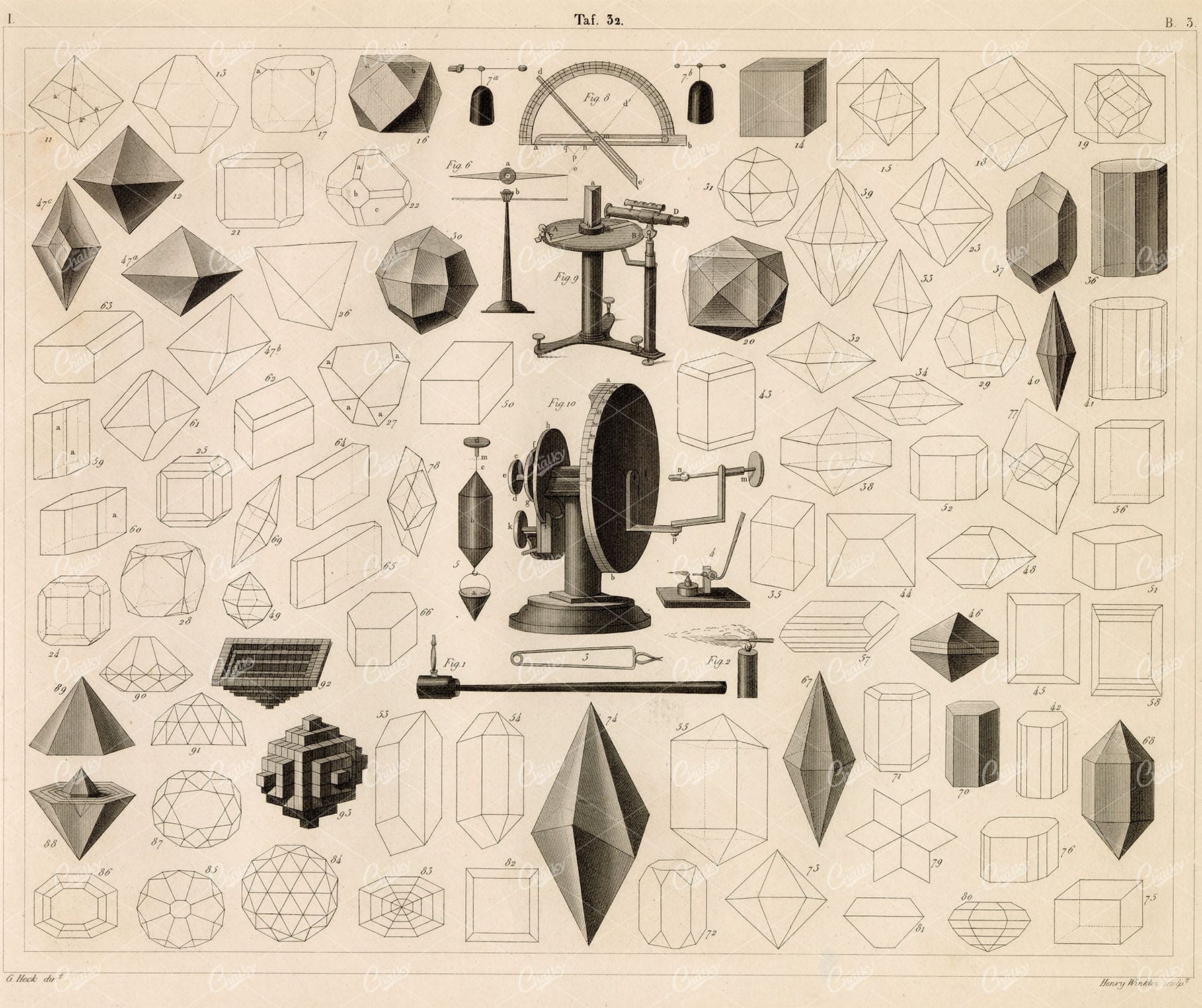 GEOLOGY and Mineralogy - Geometrical Shapes - J. Heck Antique Print