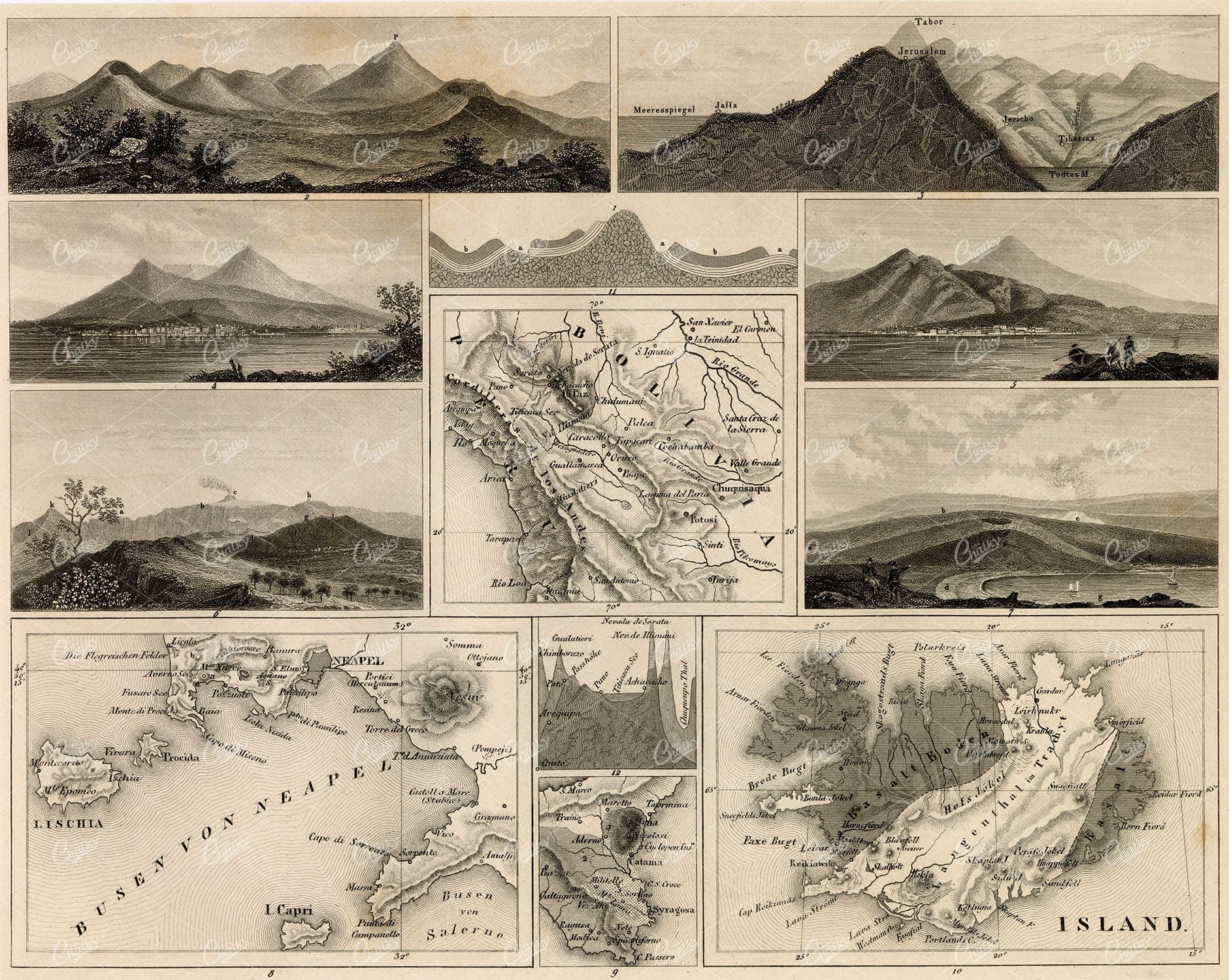 GEOLOGY - Mountains and Volcanos - Johann Heck Antique 1851 Print