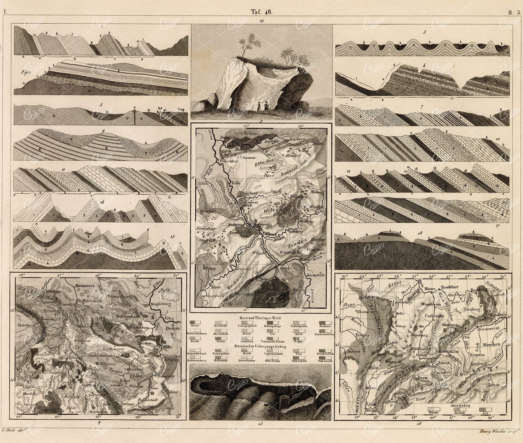 GEOLOGY - Special Geognosy - Johann Heck Antique 1851 Print
