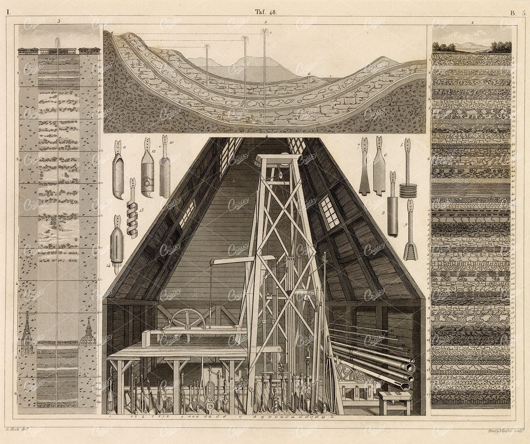 GEOLOGY - Boring Shed - Antique 1851 Print, Johann Heck Engraving