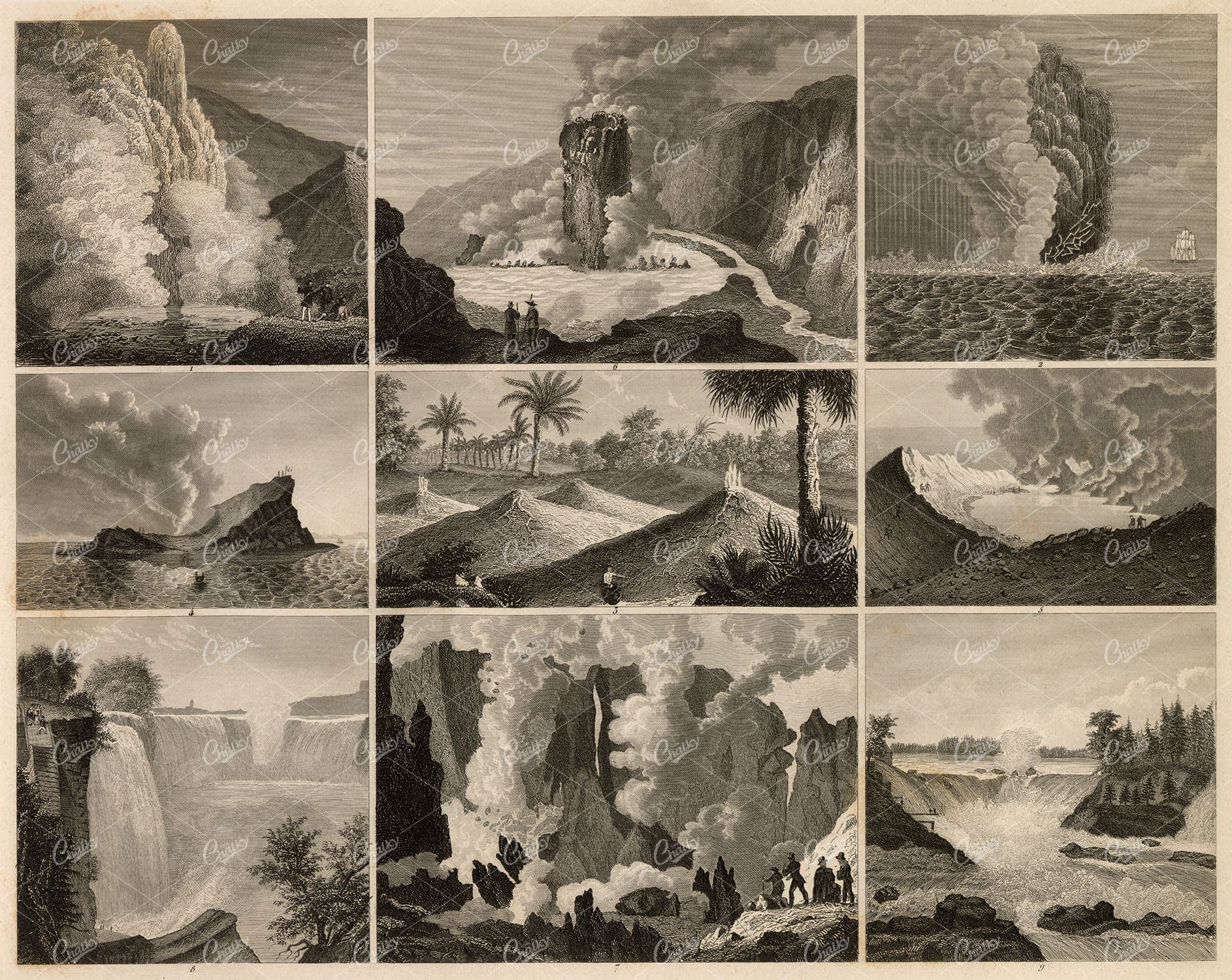 GEOLOGY - Volcanos and Geysers - Antique 1851 Print by J. Heck Engraving