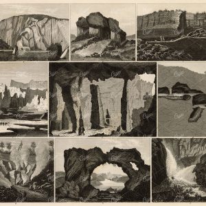 GEOLOGY - Icebergs and Caves - Antique 1851 Print by J. Heck Engraving
