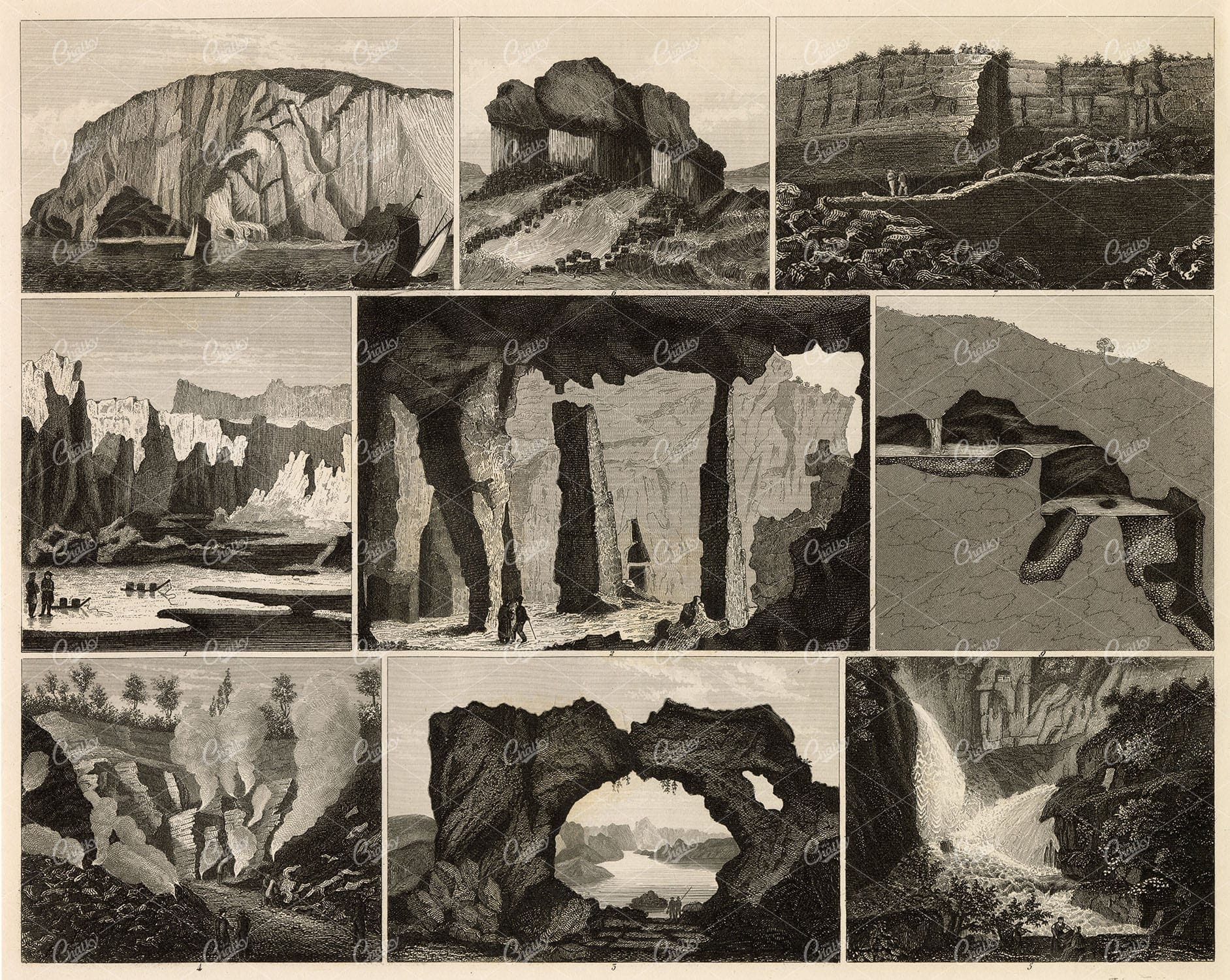 GEOLOGY - Icebergs and Caves - Antique 1851 Print by J. Heck Engraving