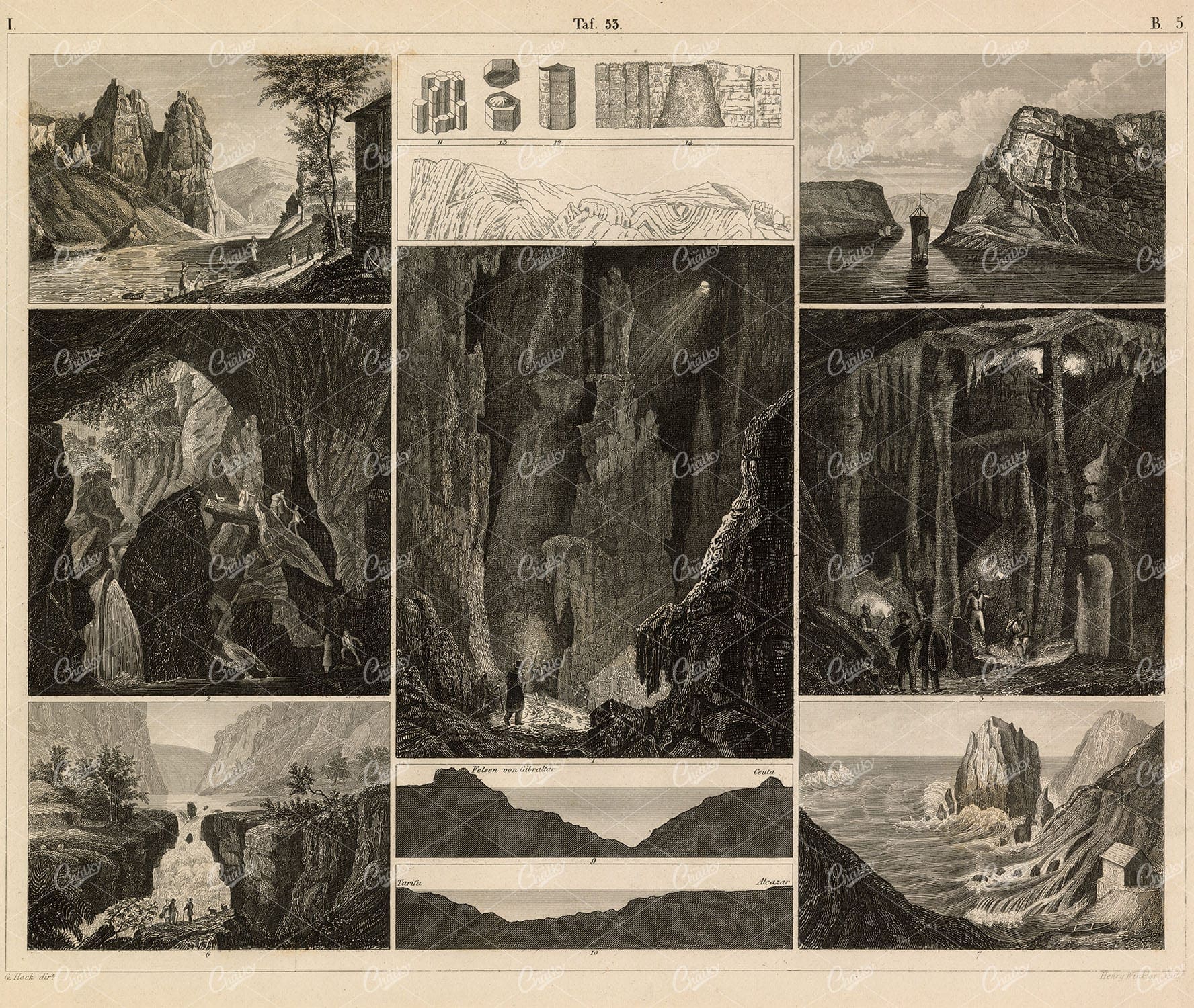 GEOLOGY - Caves and Rocks - Antique 1851 Print by J. Heck