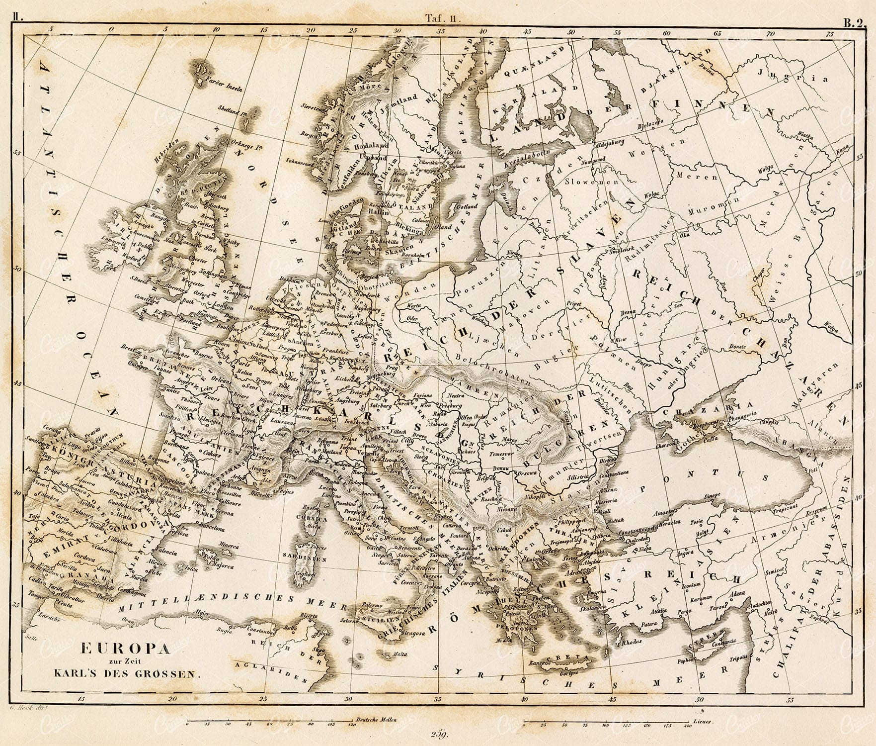 GEOGRAPHY - Europe in the Time of Charlemagne - 1851 Antique Print