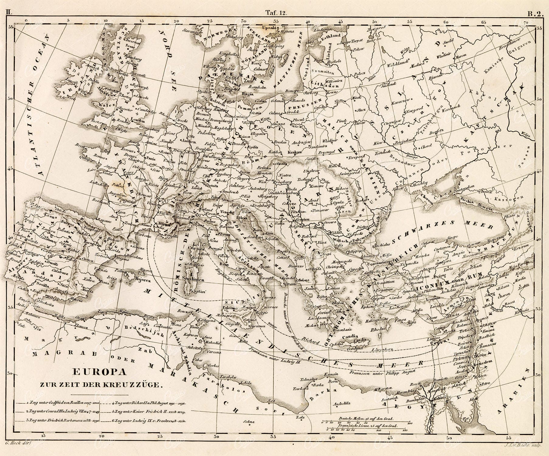 GEOGRAPHY - Europe at the Time of the Crusades - 1851 Antique Print
