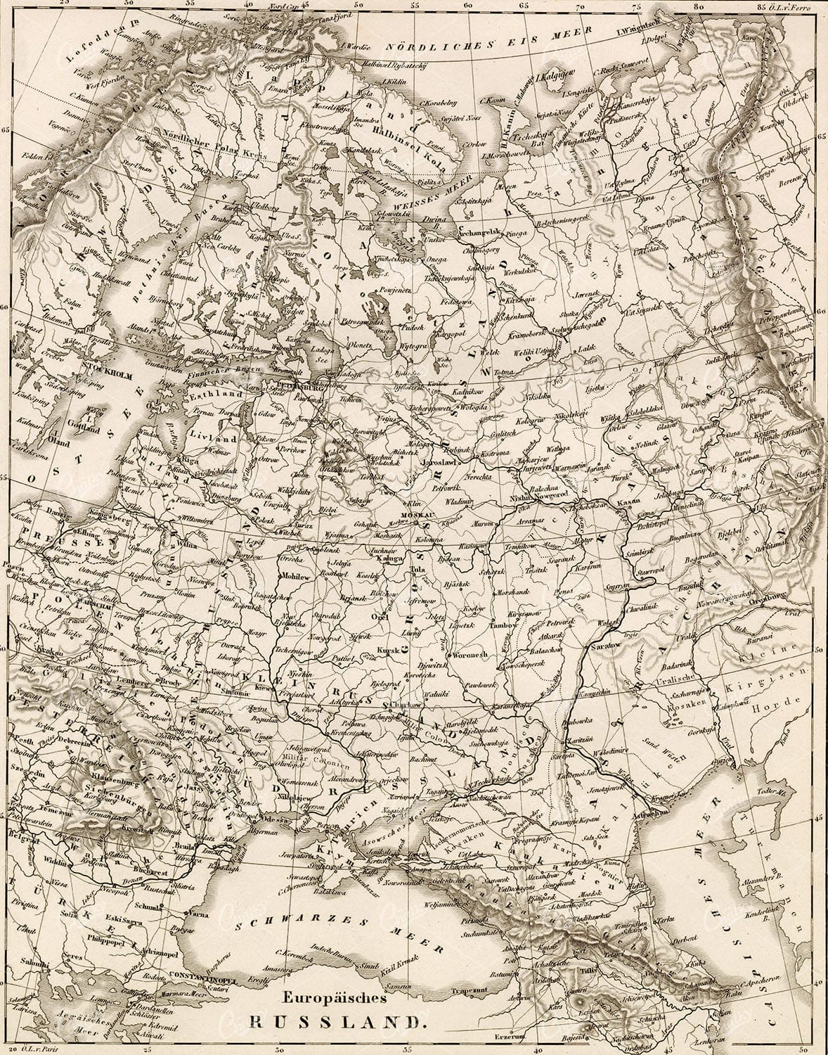 GEOGRAPHY - Map of Russia - Antique 1851 Print by Johann Heck