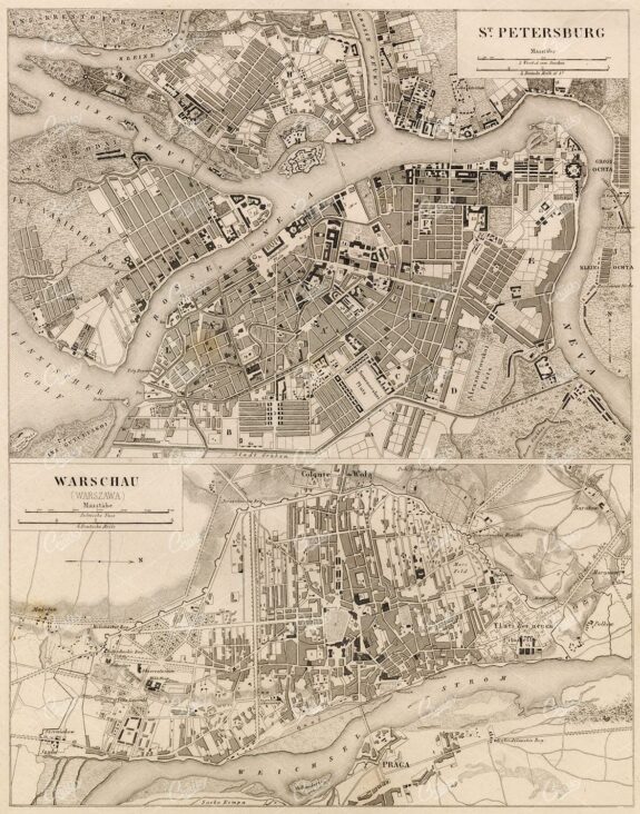 GEOGRAPHY - St. Petersburg, Warsaw - Antique 1851 Print by J. Heck