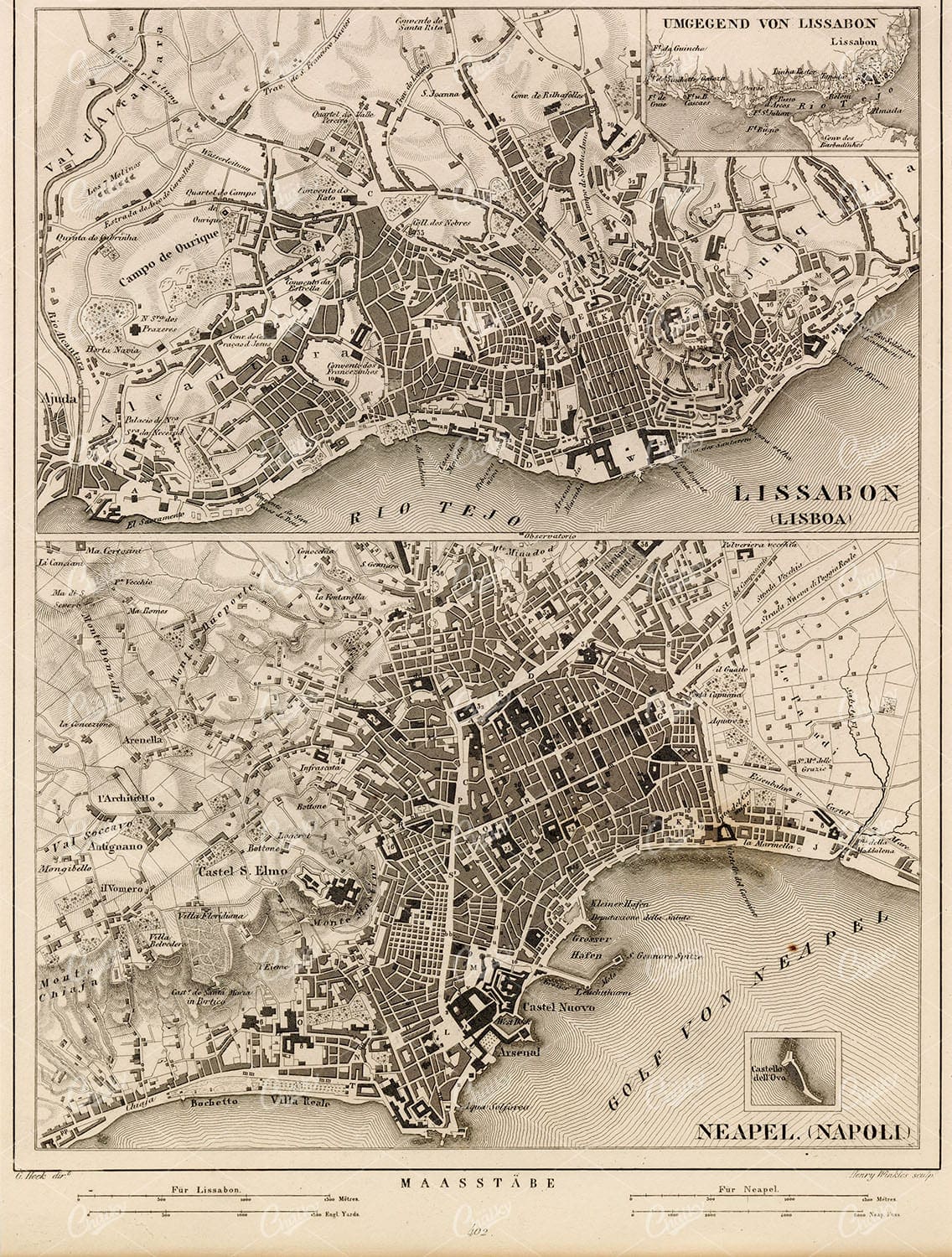 GEOGRAPHY - Lisbon and Naples - Antique 1851 Map by J. Heck