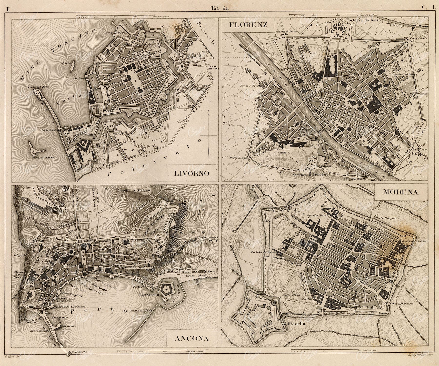 GEOGRAPHY - Leghorn, Florence, Ancona, Modena - Antique 1851 Map