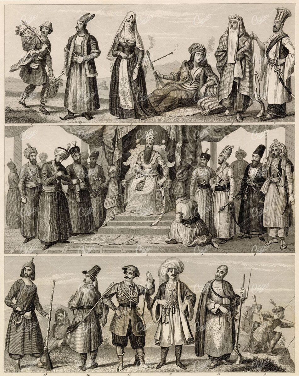 ANCIENT Native Dress - Persians, Afghans, Georgian - Antique 1851 Print