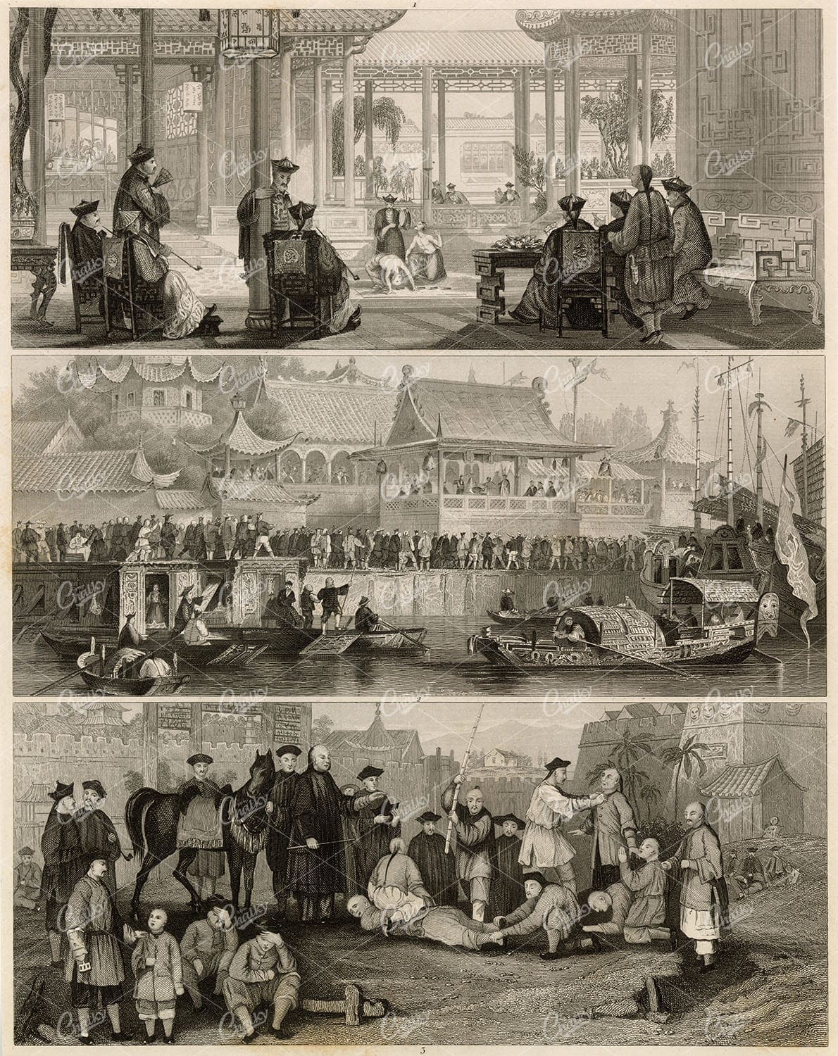 CHINESE Jugglers, Theatre, Punishment - Antique 1851 Print - J. Heck