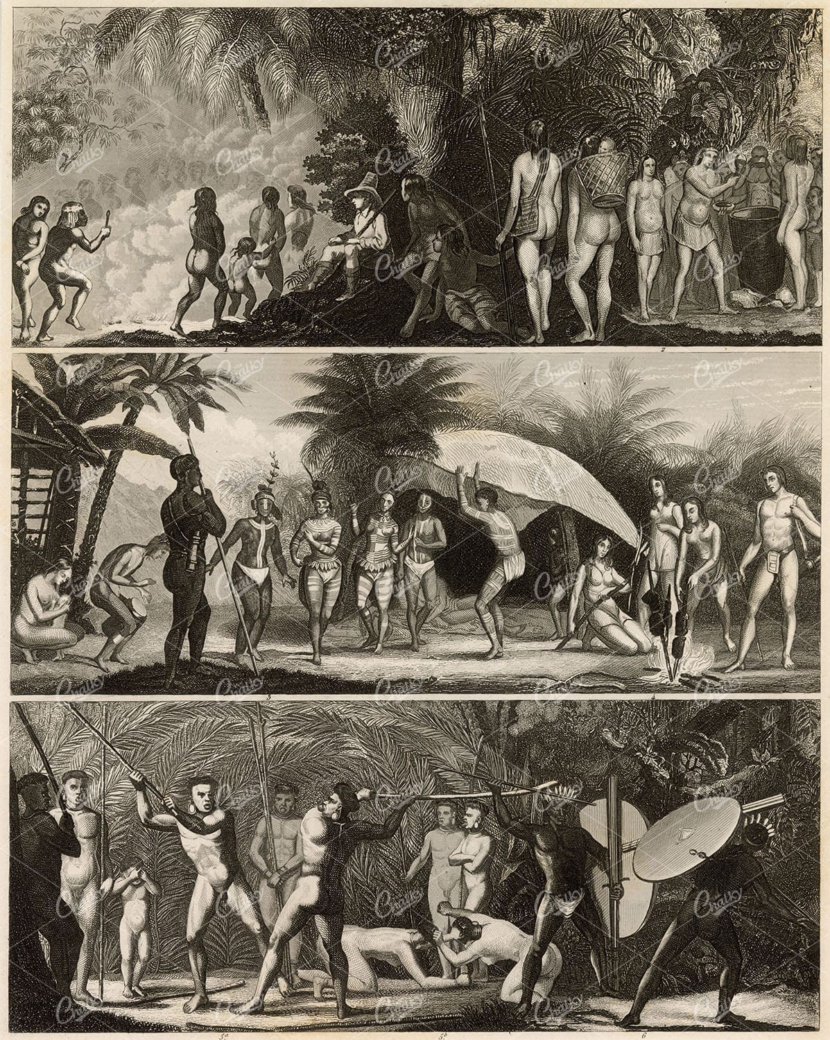 HISTORY and Ethnology - Sports of Brazillian Indians - Antique 1851 Print