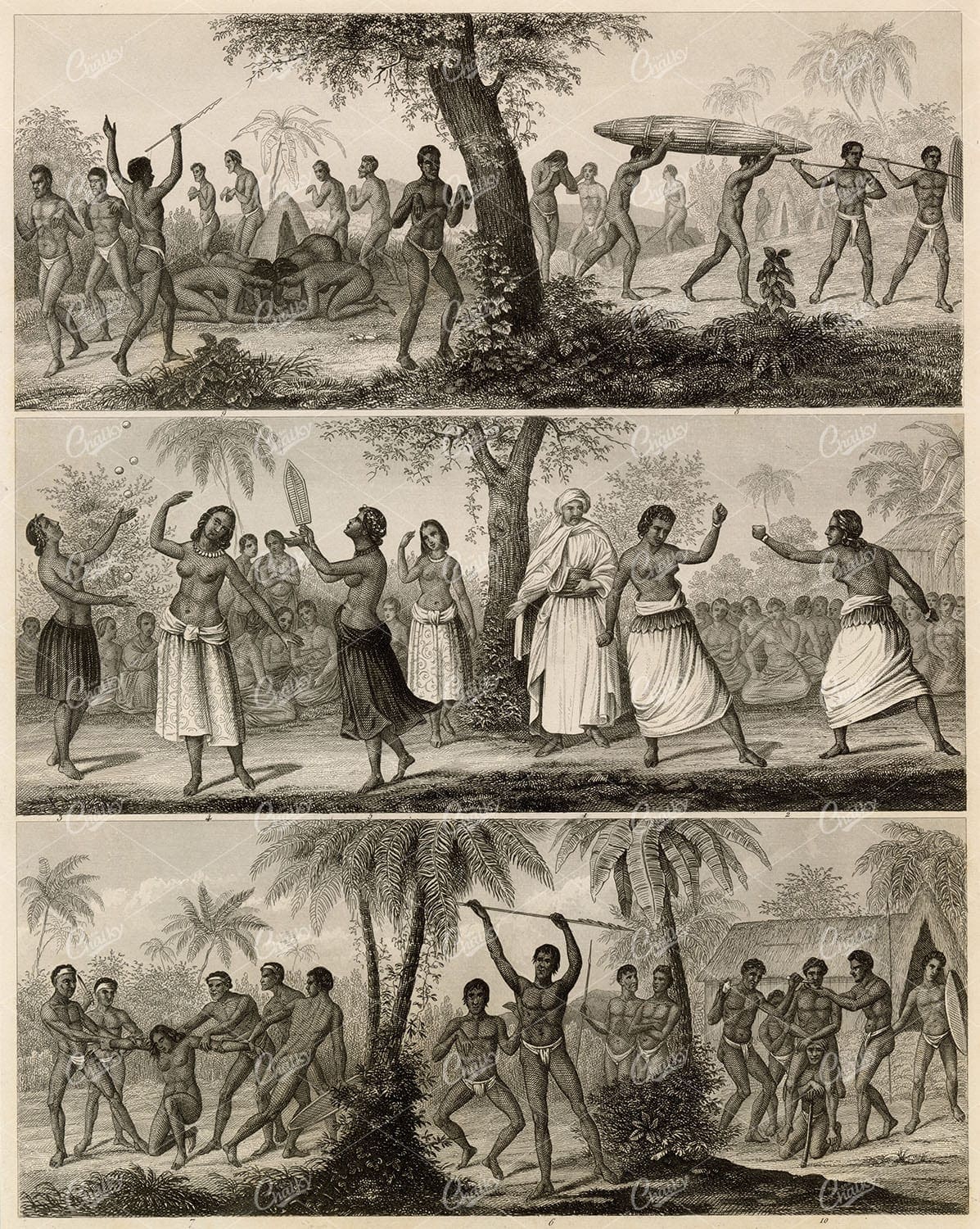 ABORIGINES - Chief, Combat, and Sports - Antique 1851 J. Heck Print